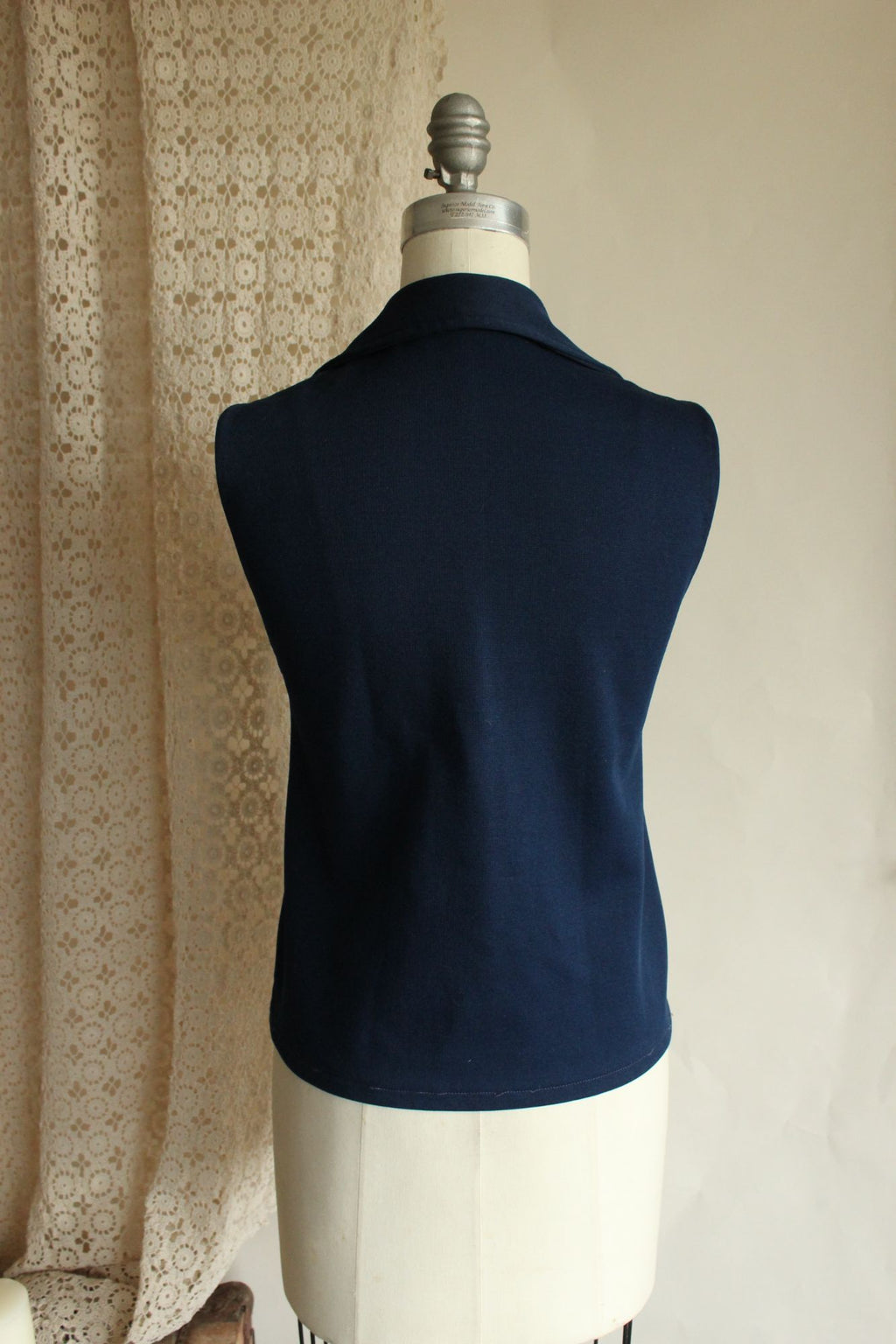 Vintage 1970s Dagger Collar Navy Blue Button Down Sleeveless Top