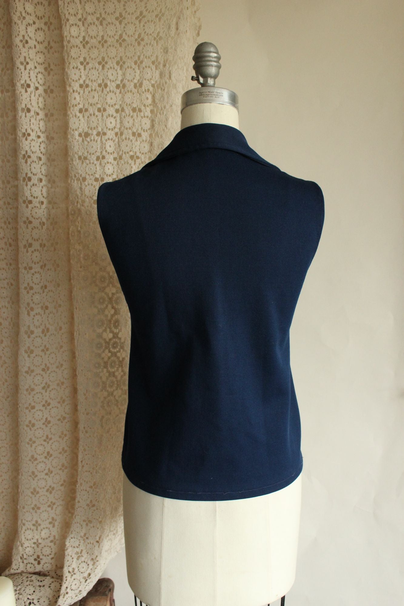 Vintage 1970s Dagger Collar Navy Blue Button Down Sleeveless Top
