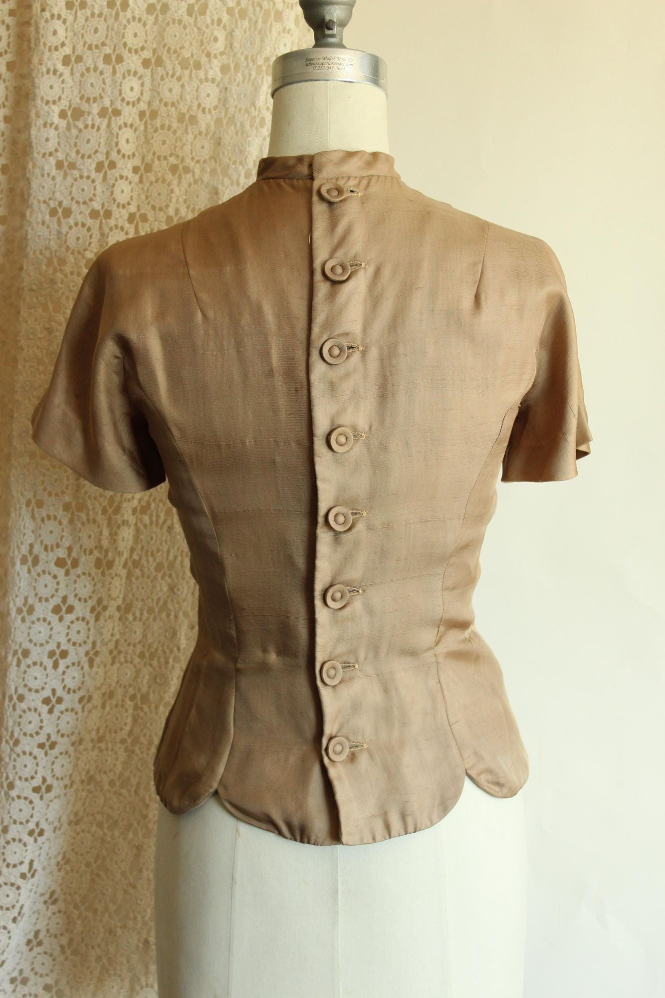 Vintage 1950s Taupe Dupioni Silk Peplum Blouse