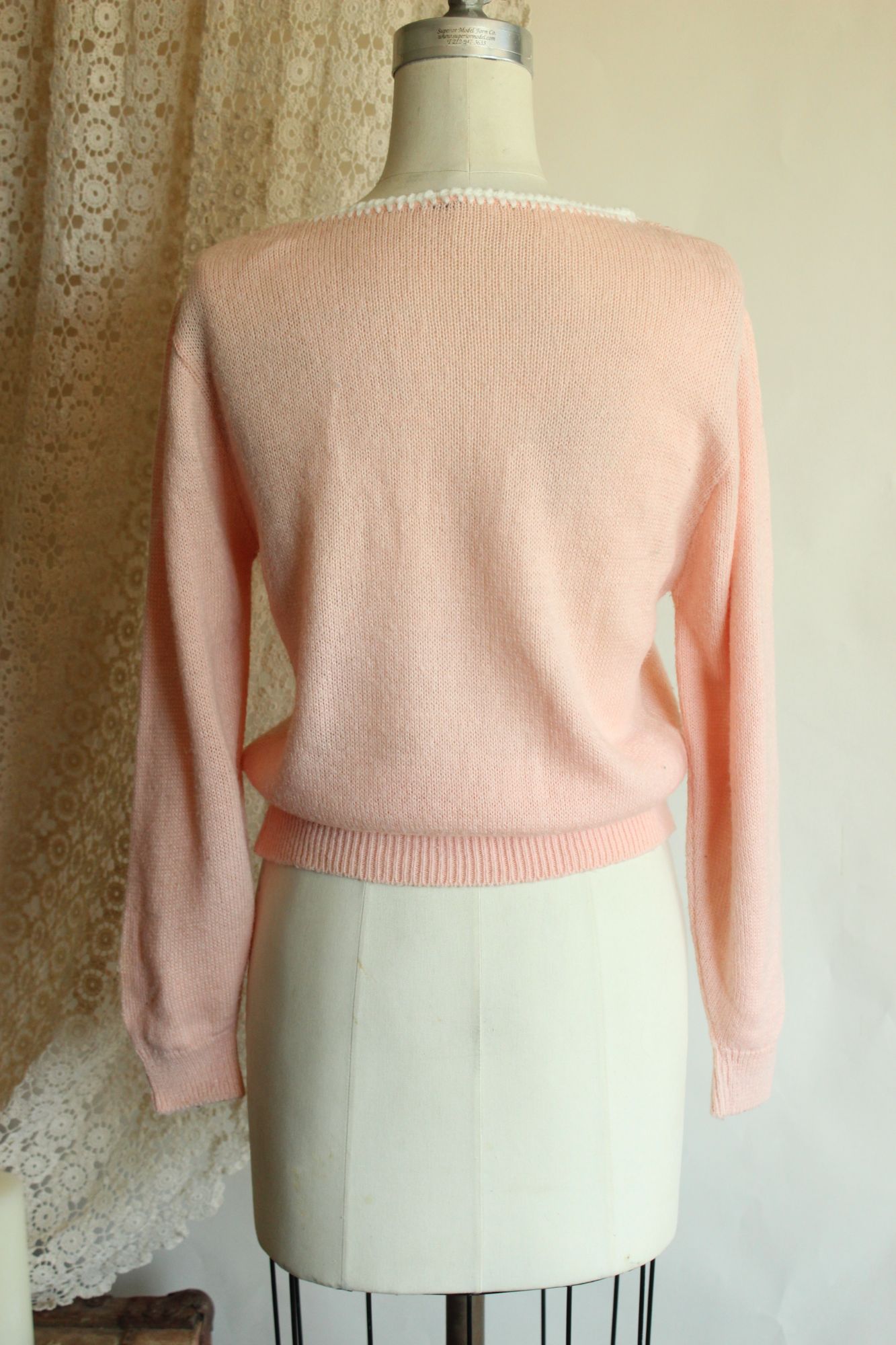 Vintage 1980s Pointelle Knit Pink Sweater with Bishop Sleeves