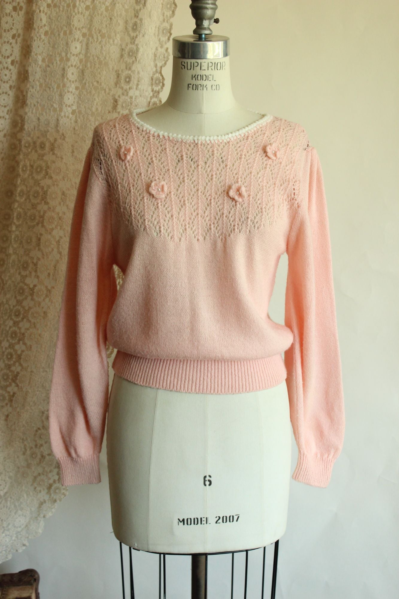 Vintage 1980s Pointelle Knit Pink Sweater with Bishop Sleeves