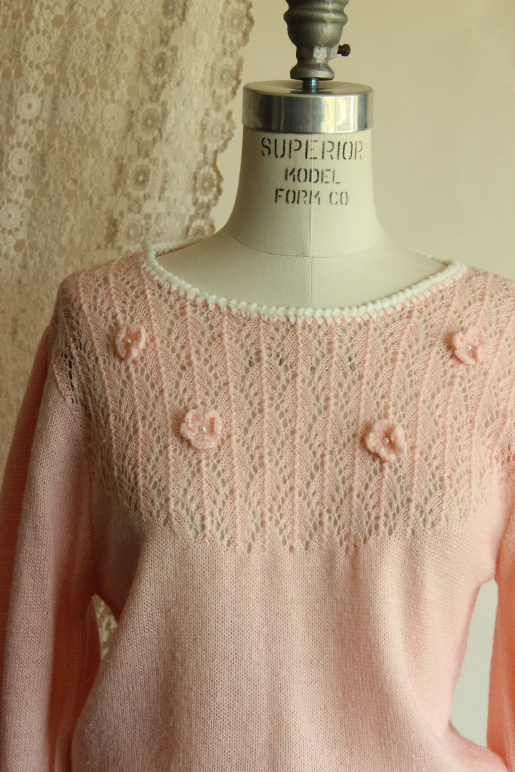 Vintage 1980s Pointelle Knit Pink Sweater with Bishop Sleeves