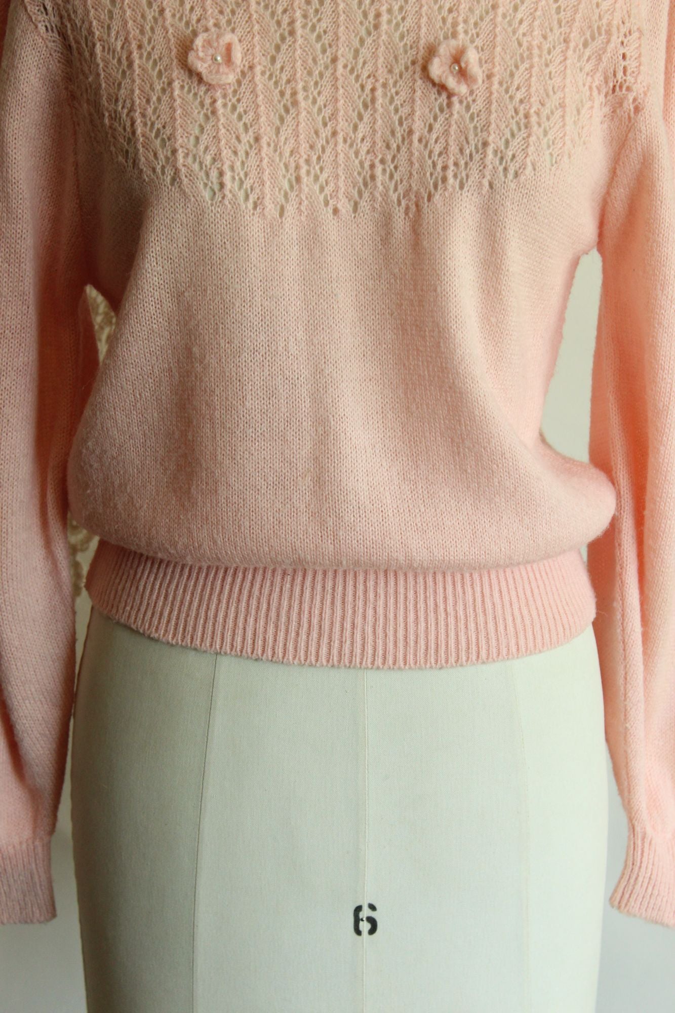 Vintage 1980s Pointelle Knit Pink Sweater with Bishop Sleeves