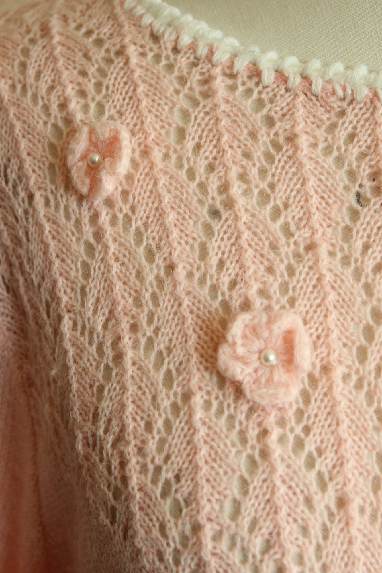 Vintage 1980s Pointelle Knit Pink Sweater with Bishop Sleeves