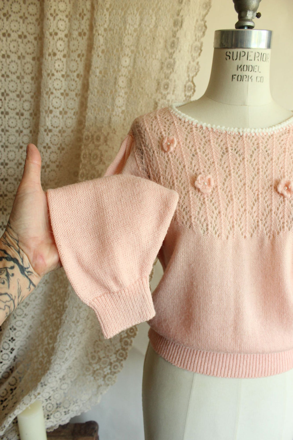 Vintage 1980s Pointelle Knit Pink Sweater with Bishop Sleeves
