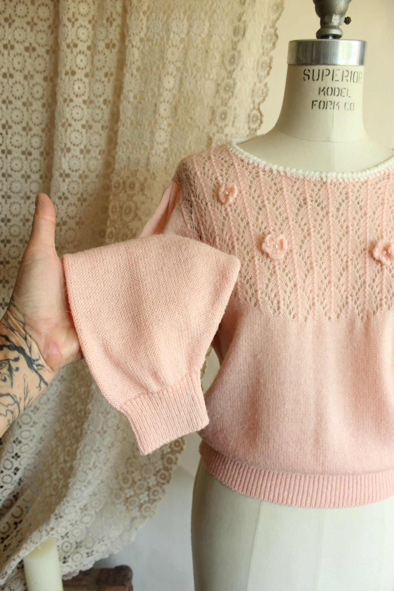 Vintage 1980s Pointelle Knit Pink Sweater with Bishop Sleeves