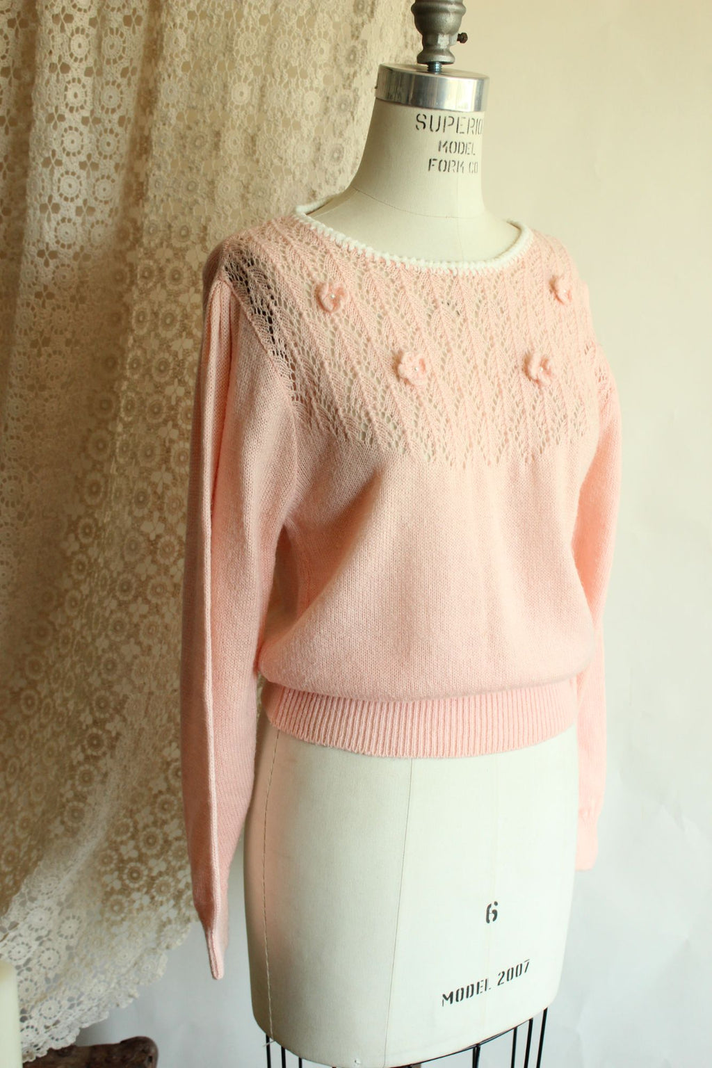 Vintage 1980s Pointelle Knit Pink Sweater with Bishop Sleeves