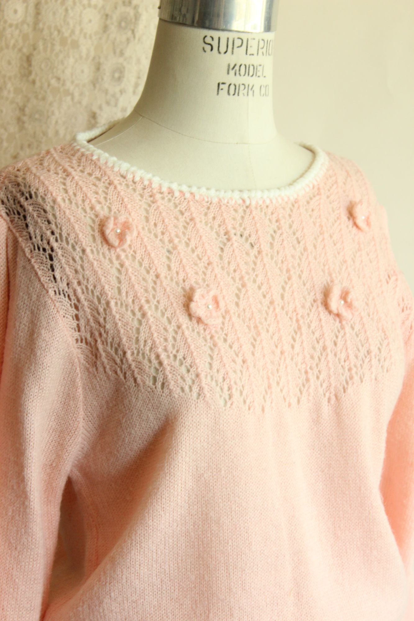 Vintage 1980s Pointelle Knit Pink Sweater with Bishop Sleeves