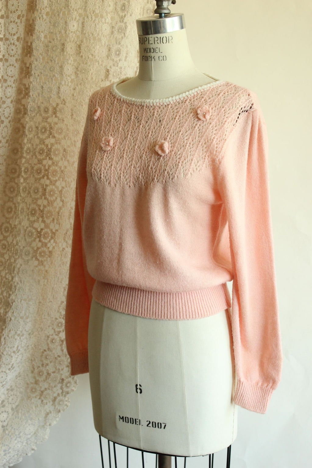 Vintage 1980s Pointelle Knit Pink Sweater with Bishop Sleeves