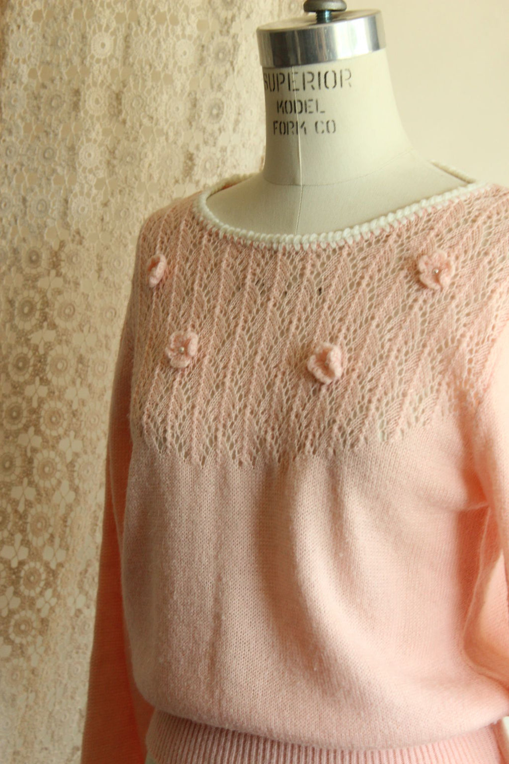 Vintage 1980s Pointelle Knit Pink Sweater with Bishop Sleeves