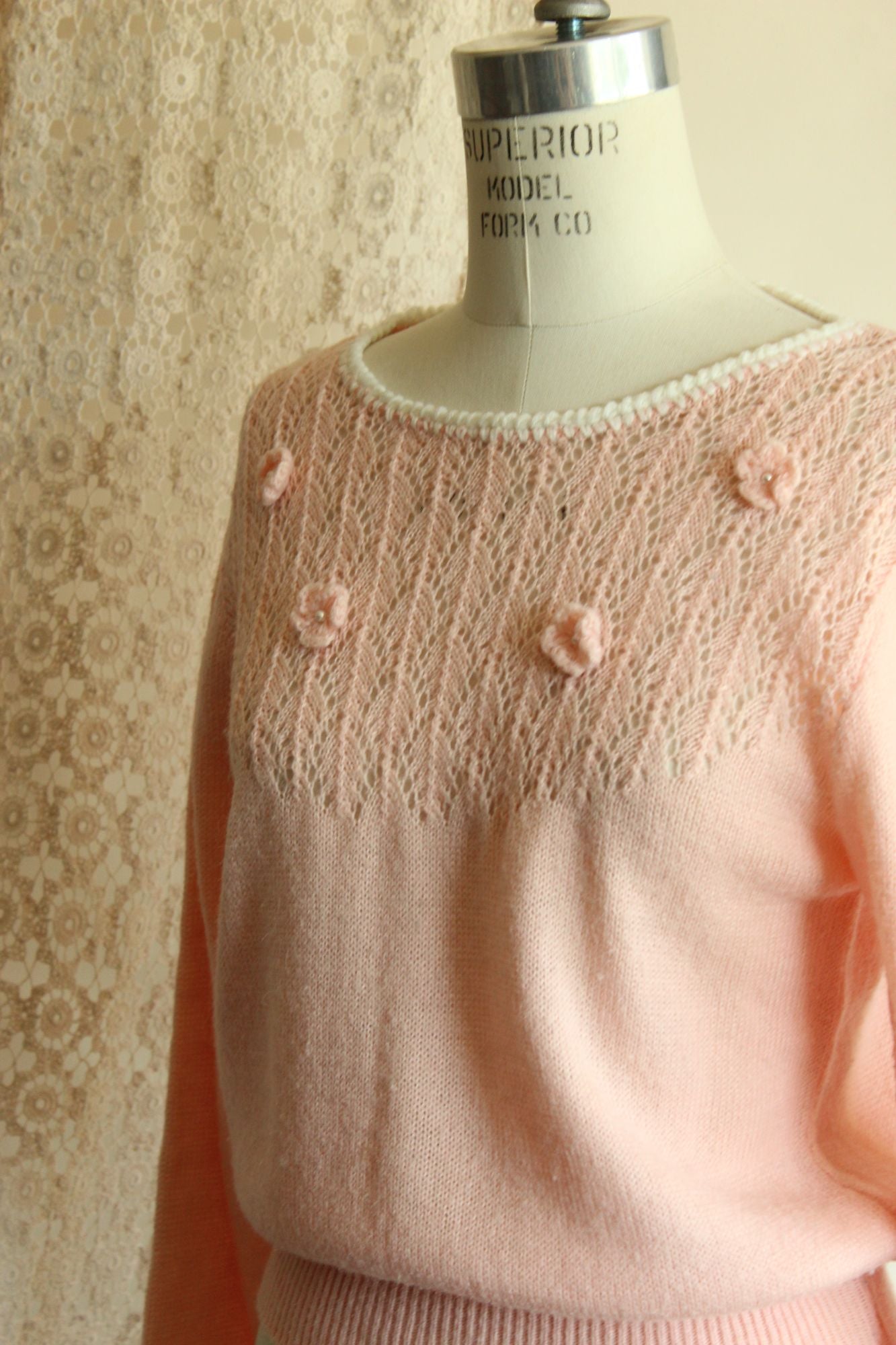 Vintage 1980s Pointelle Knit Pink Sweater with Bishop Sleeves