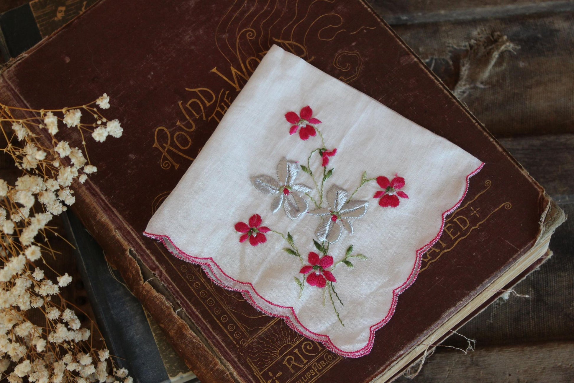 Vintage Christmas Hankie in a Silver Poinsettia Print