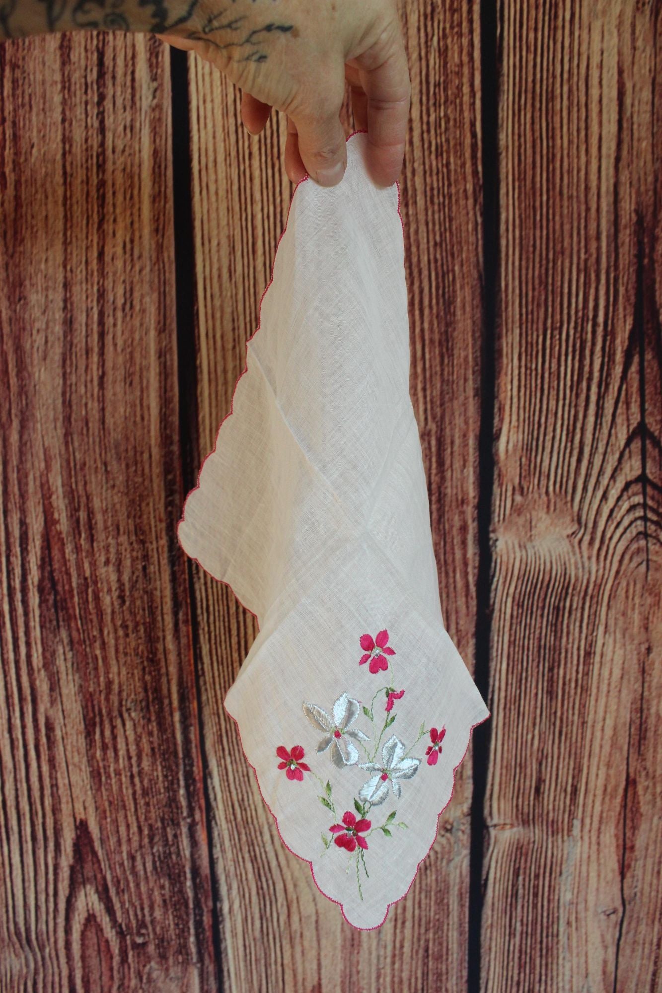 Vintage Christmas Hankie in a Silver Poinsettia Print