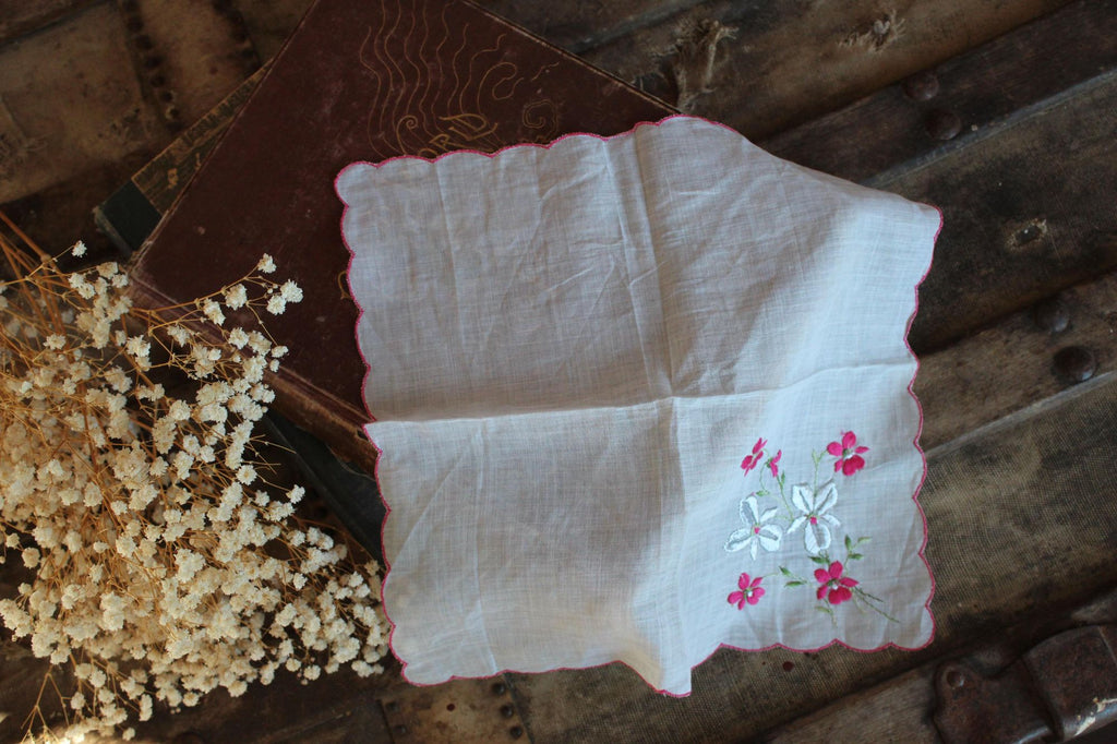 Vintage Christmas Hankie in a Silver Poinsettia Print