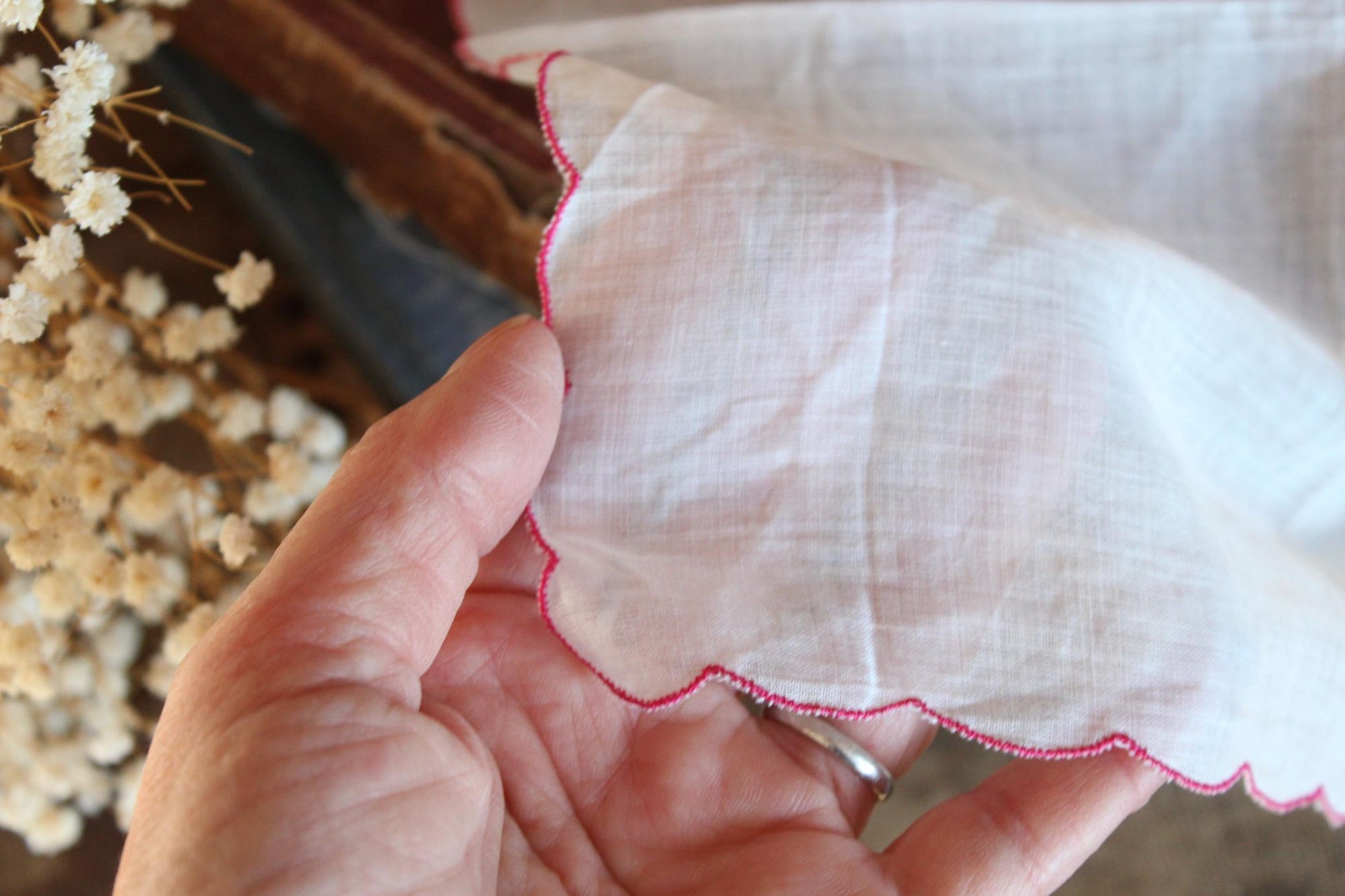 Vintage Christmas Hankie in a Silver Poinsettia Print