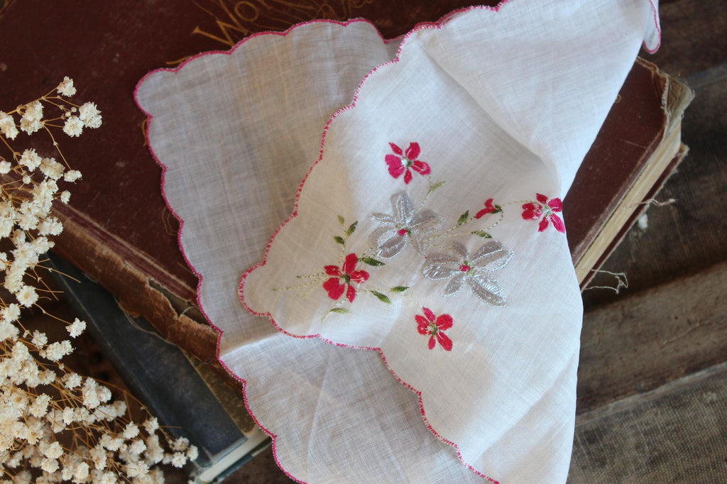 Vintage Christmas Hankie in a Silver Poinsettia Print