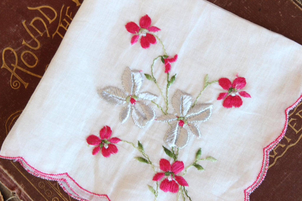 Vintage Christmas Hankie in a Silver Poinsettia Print