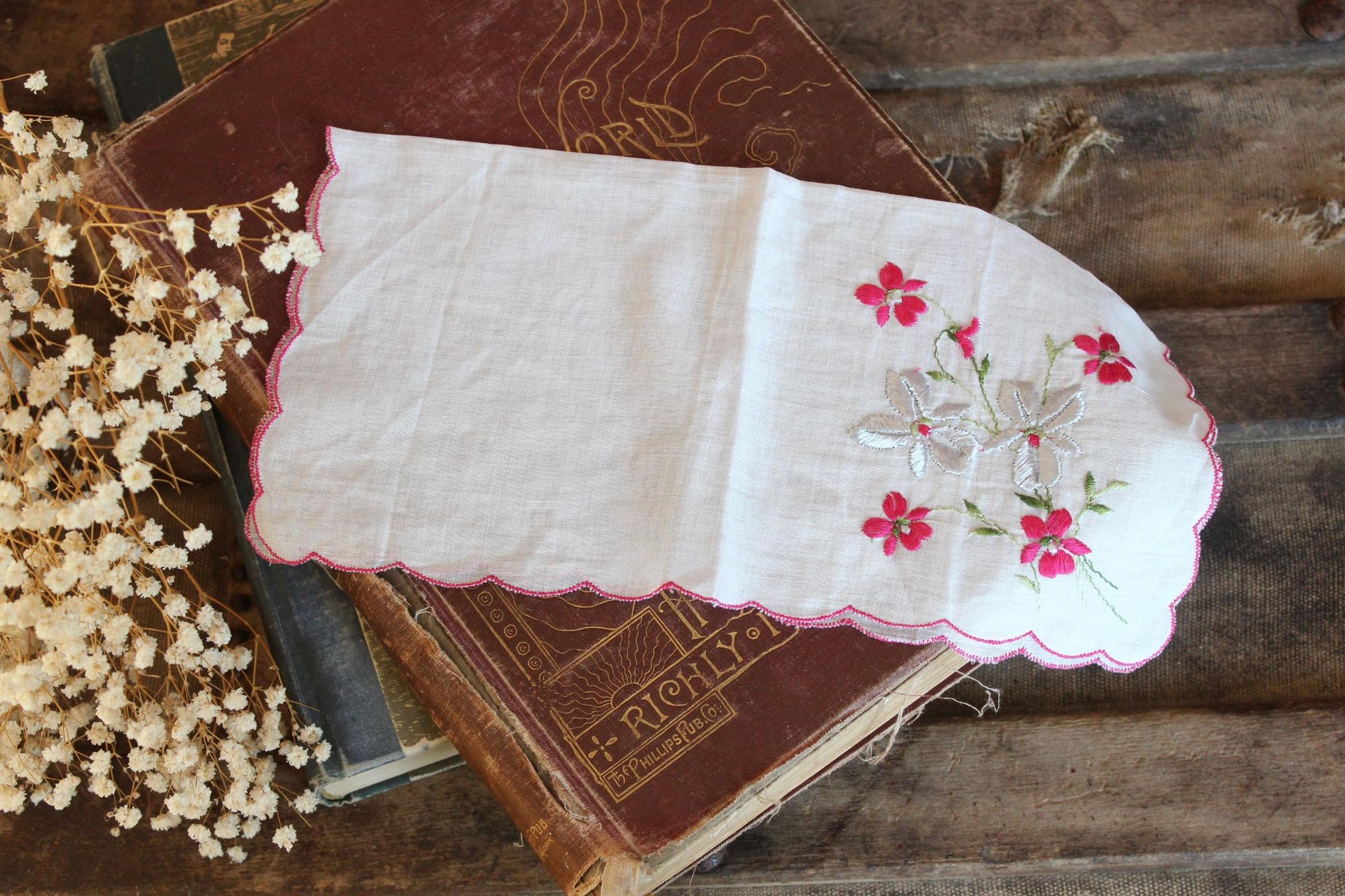 Vintage Christmas Hankie in a Silver Poinsettia Print