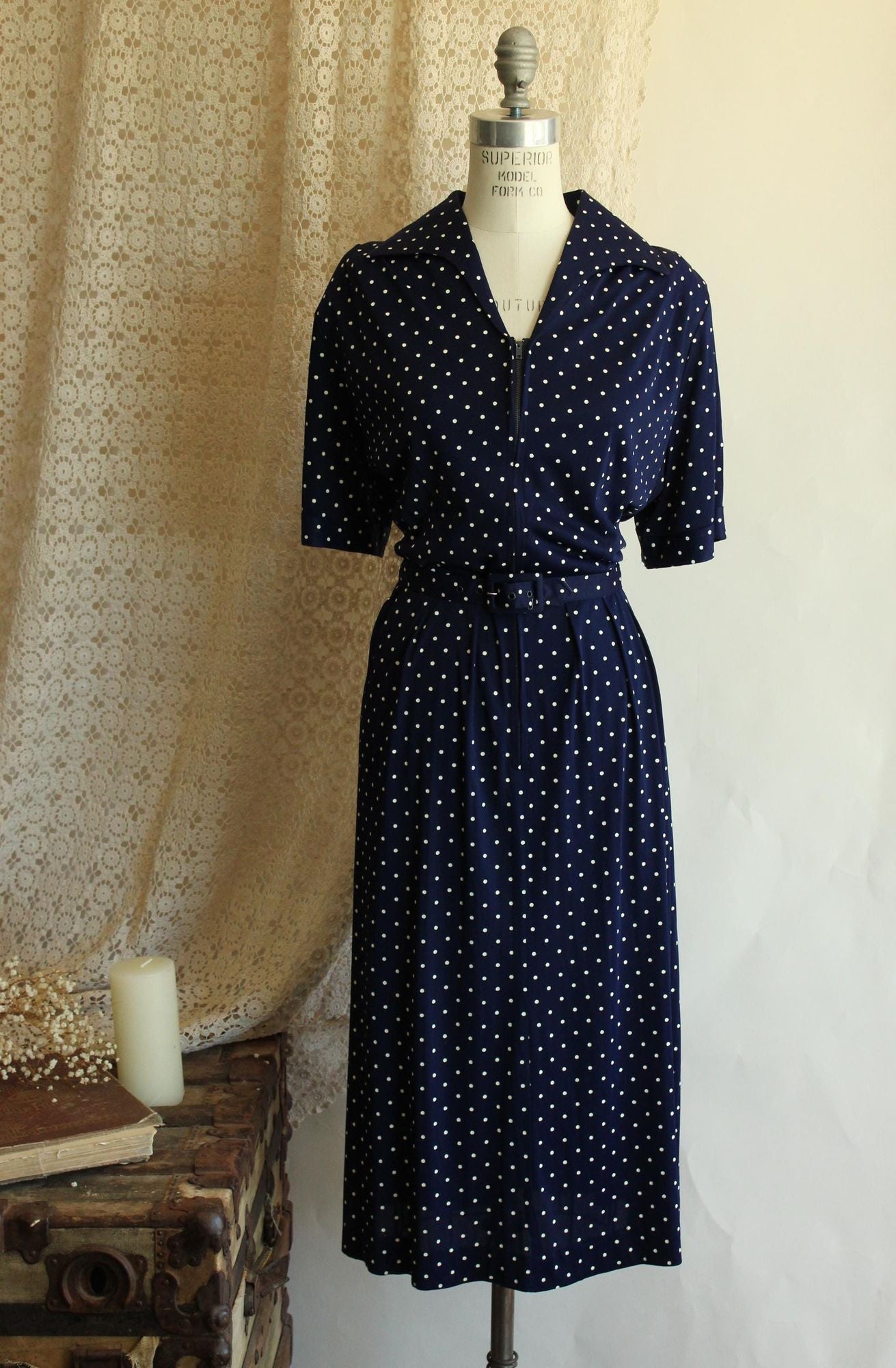 Vintage 1940s 1950s Volup Barba Dee Navy Blue and White Polka Dots Dress