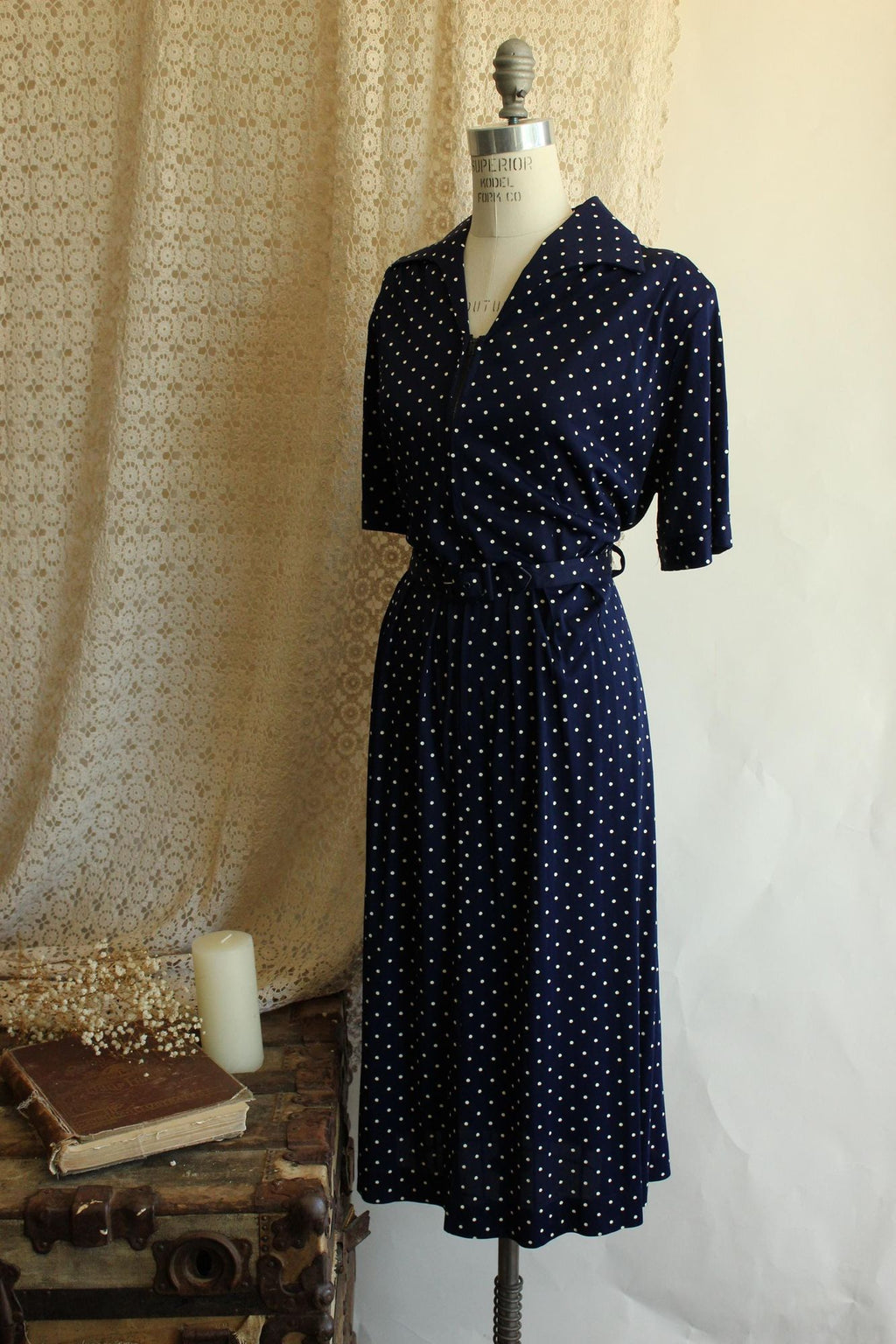 Vintage 1940s 1950s Volup Barba Dee Navy Blue and White Polka Dots Dress