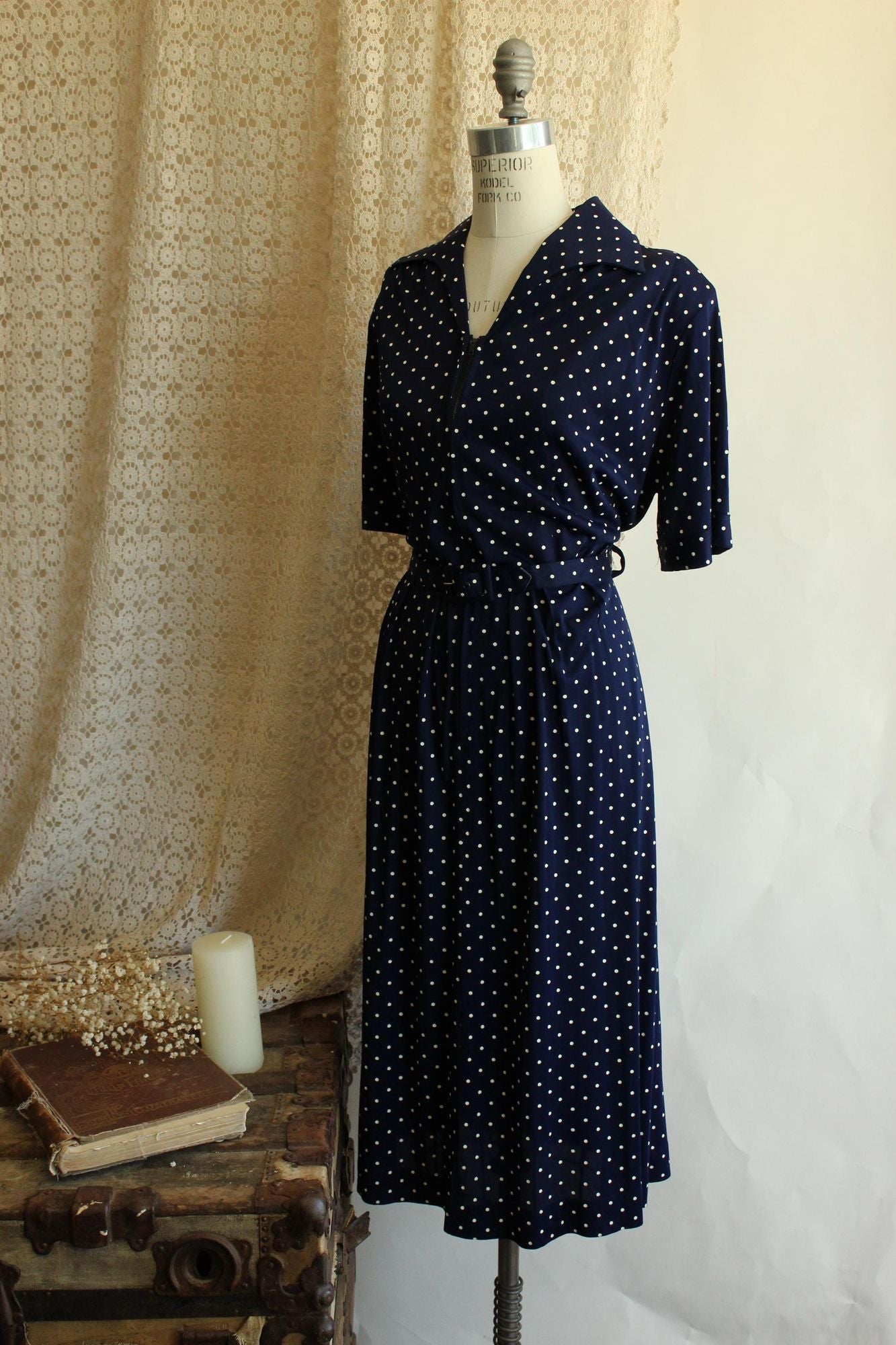 Vintage 1940s 1950s Volup Barba Dee Navy Blue and White Polka Dots Dress