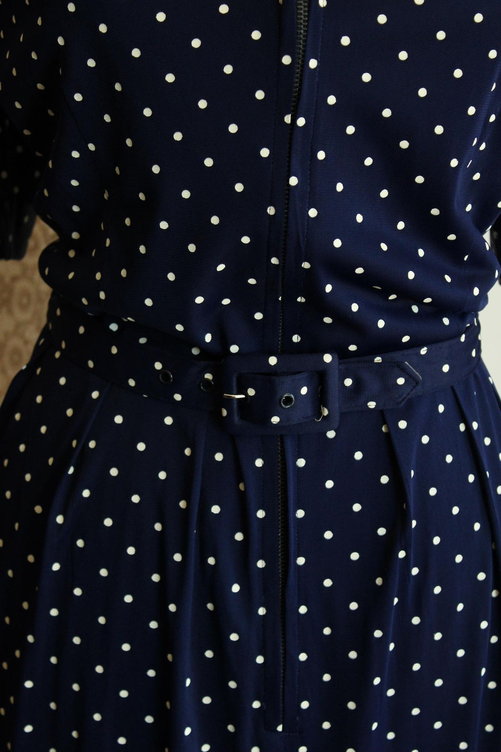 Vintage 1940s 1950s Volup Barba Dee Navy Blue and White Polka Dots Dress