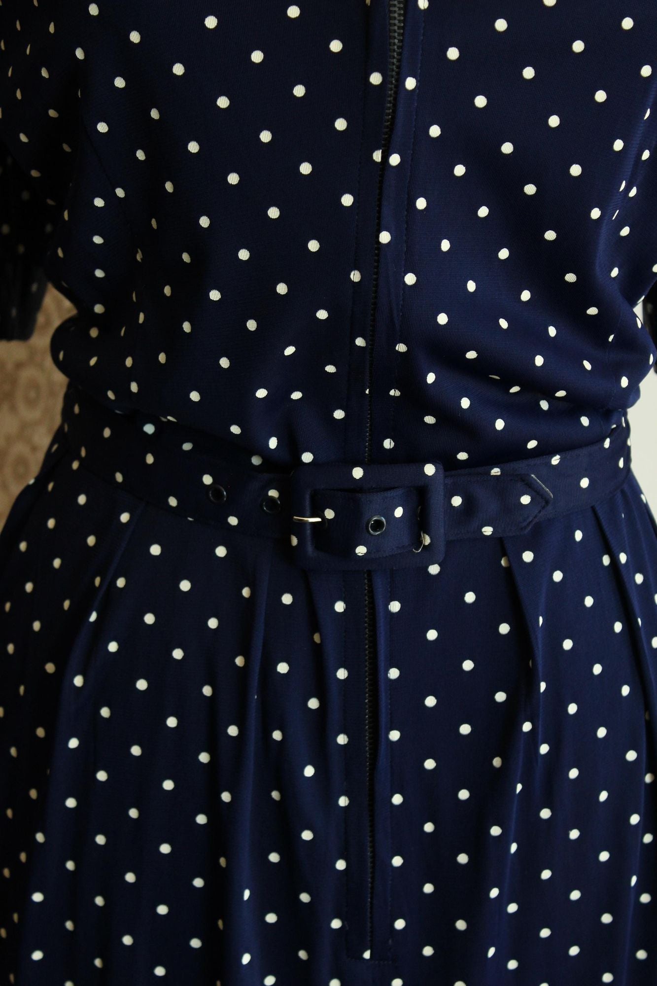 Vintage 1940s 1950s Volup Barba Dee Navy Blue and White Polka Dots Dress