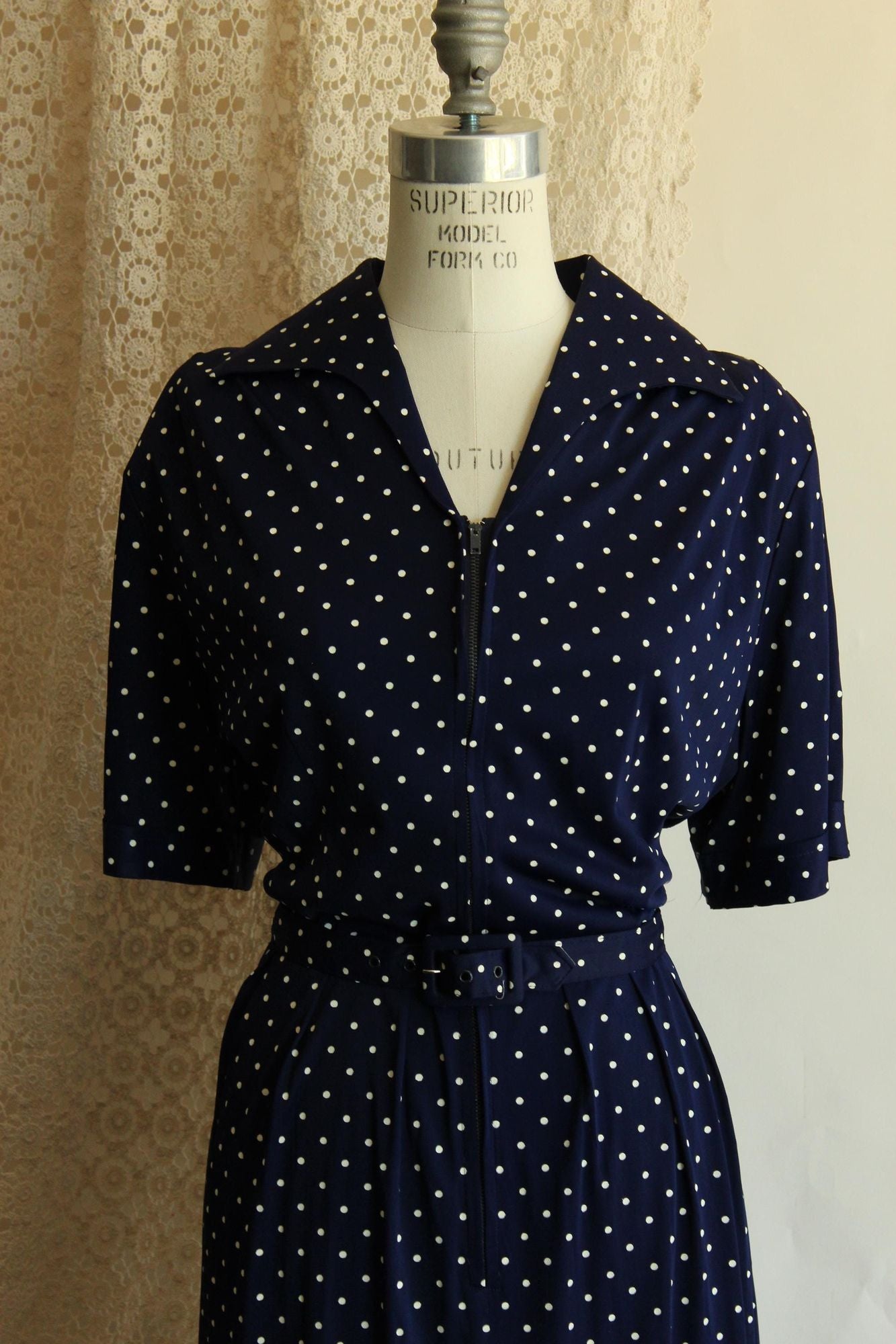 Vintage 1940s 1950s Volup Barba Dee Navy Blue and White Polka Dots Dress