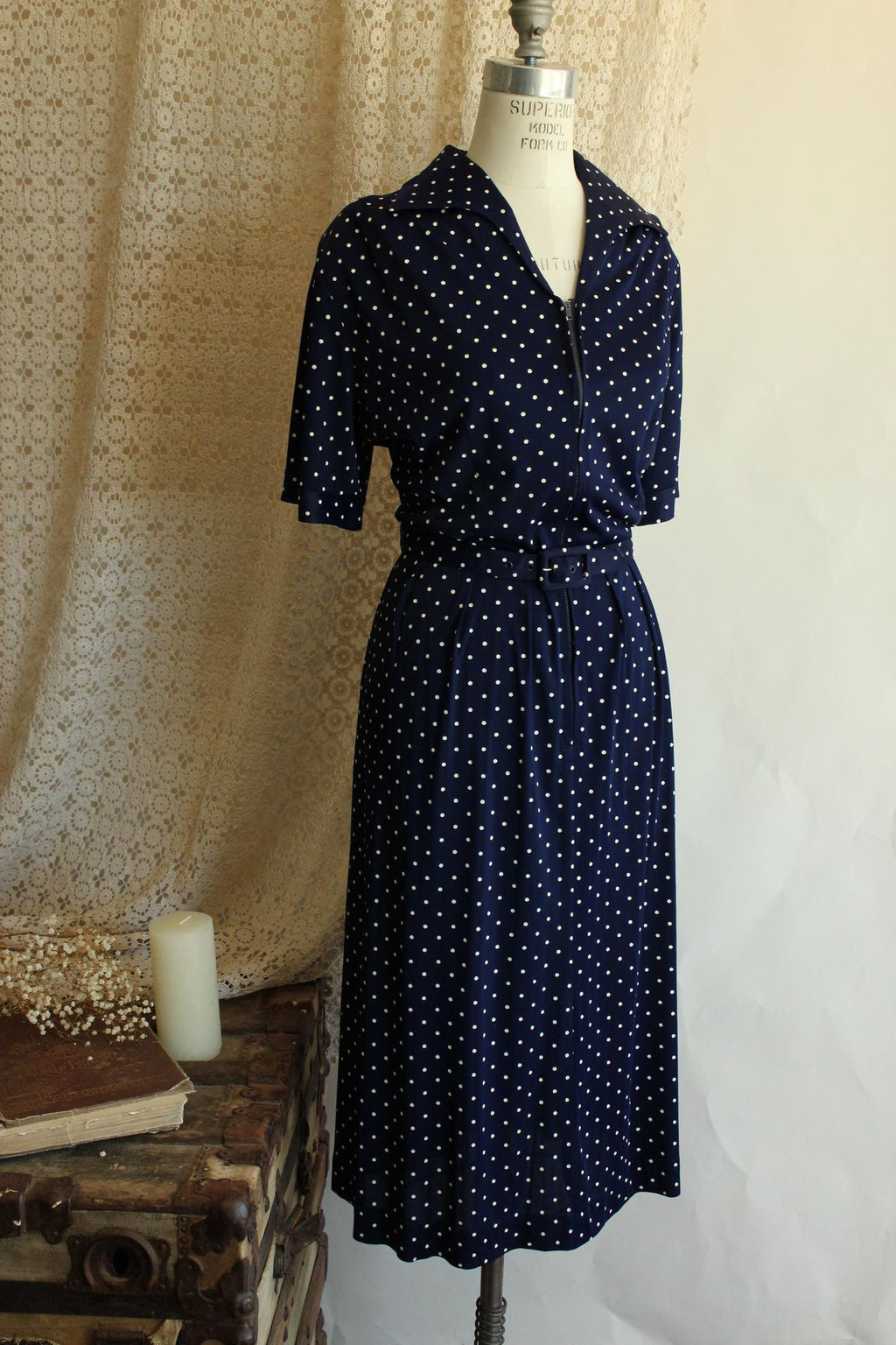 Vintage 1940s 1950s Volup Barba Dee Navy Blue and White Polka Dots Dress