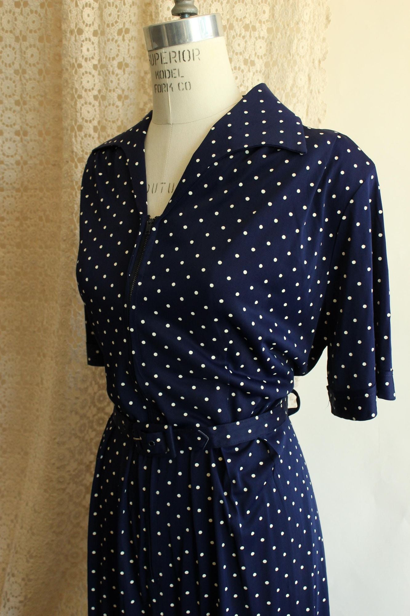 Vintage 1940s 1950s Volup Barba Dee Navy Blue and White Polka Dots Dress