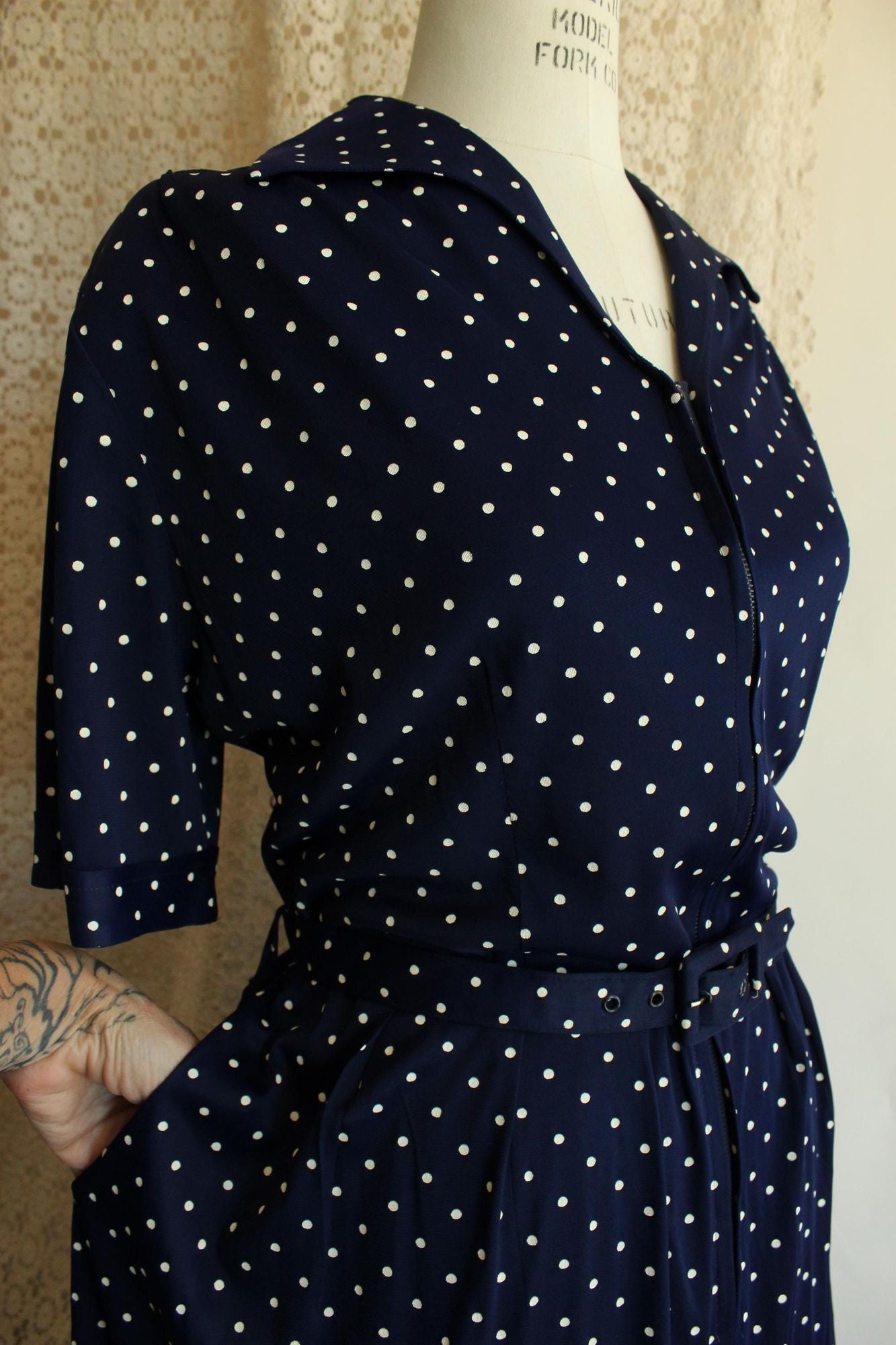 Vintage 1940s 1950s Volup Barba Dee Navy Blue and White Polka Dots Dress