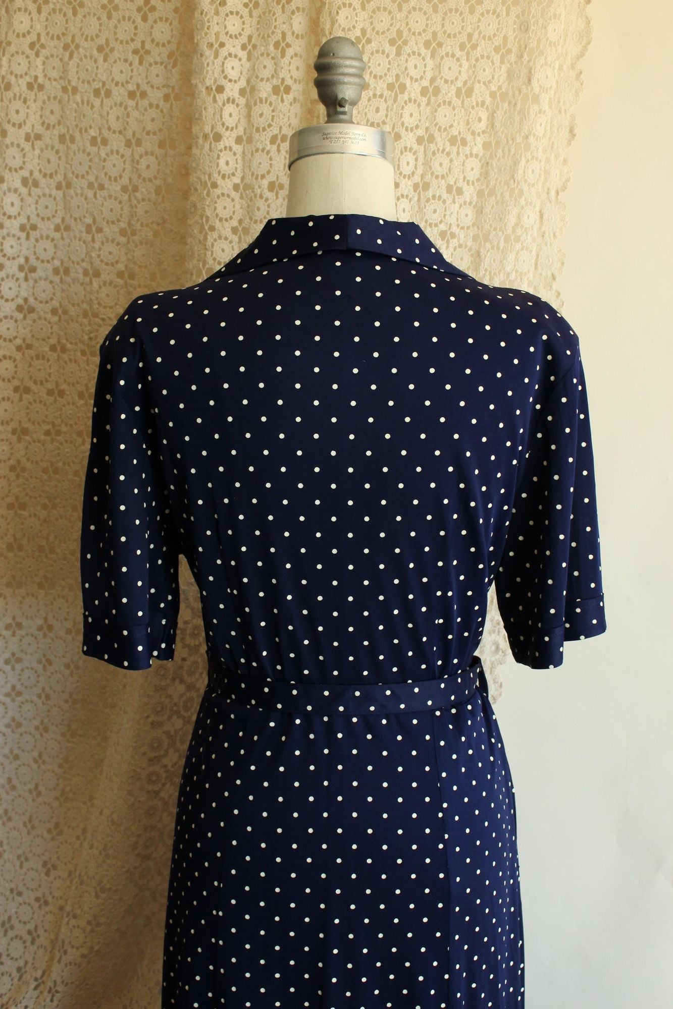 Vintage 1940s 1950s Volup Barba Dee Navy Blue and White Polka Dots Dress