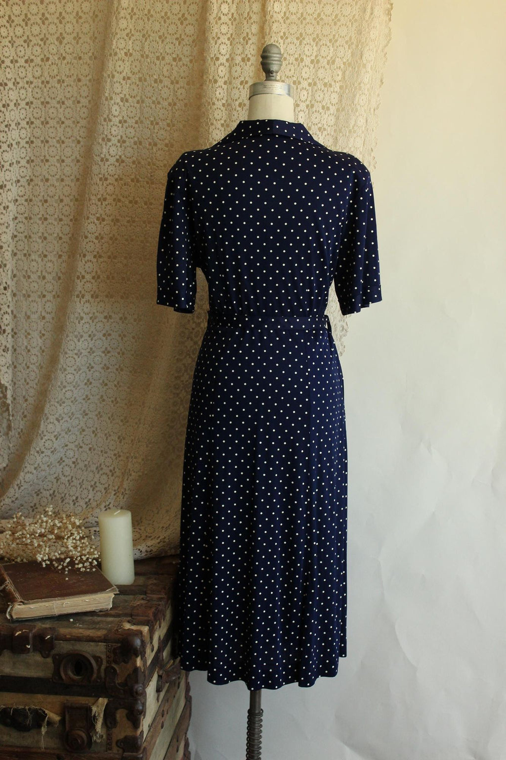 Vintage 1940s 1950s Volup Barba Dee Navy Blue and White Polka Dots Dress