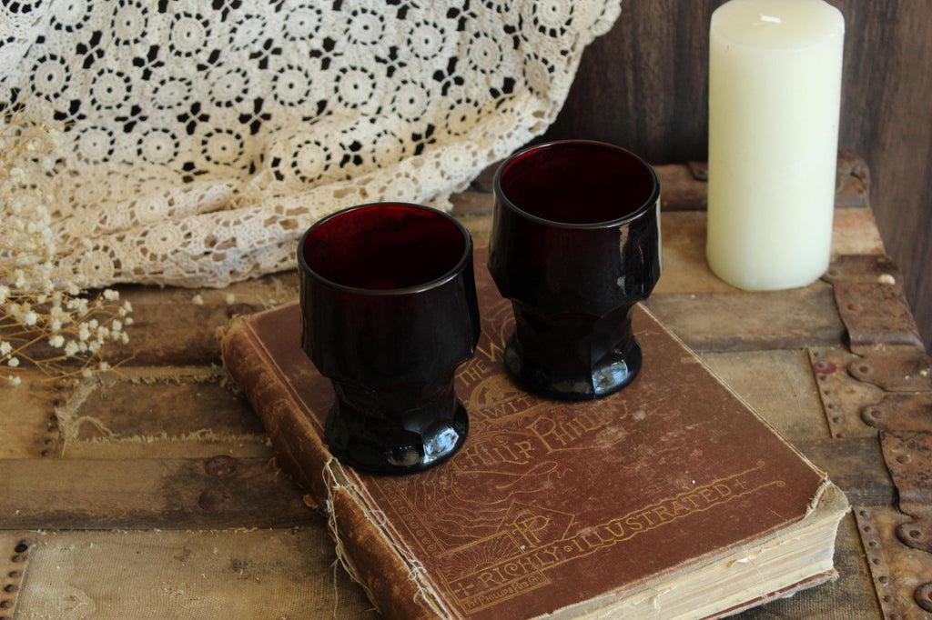 Vintage 1960s Pair of 9oz. Anchor Hocking Georgian Royal Ruby Red Tumblers Set of Two