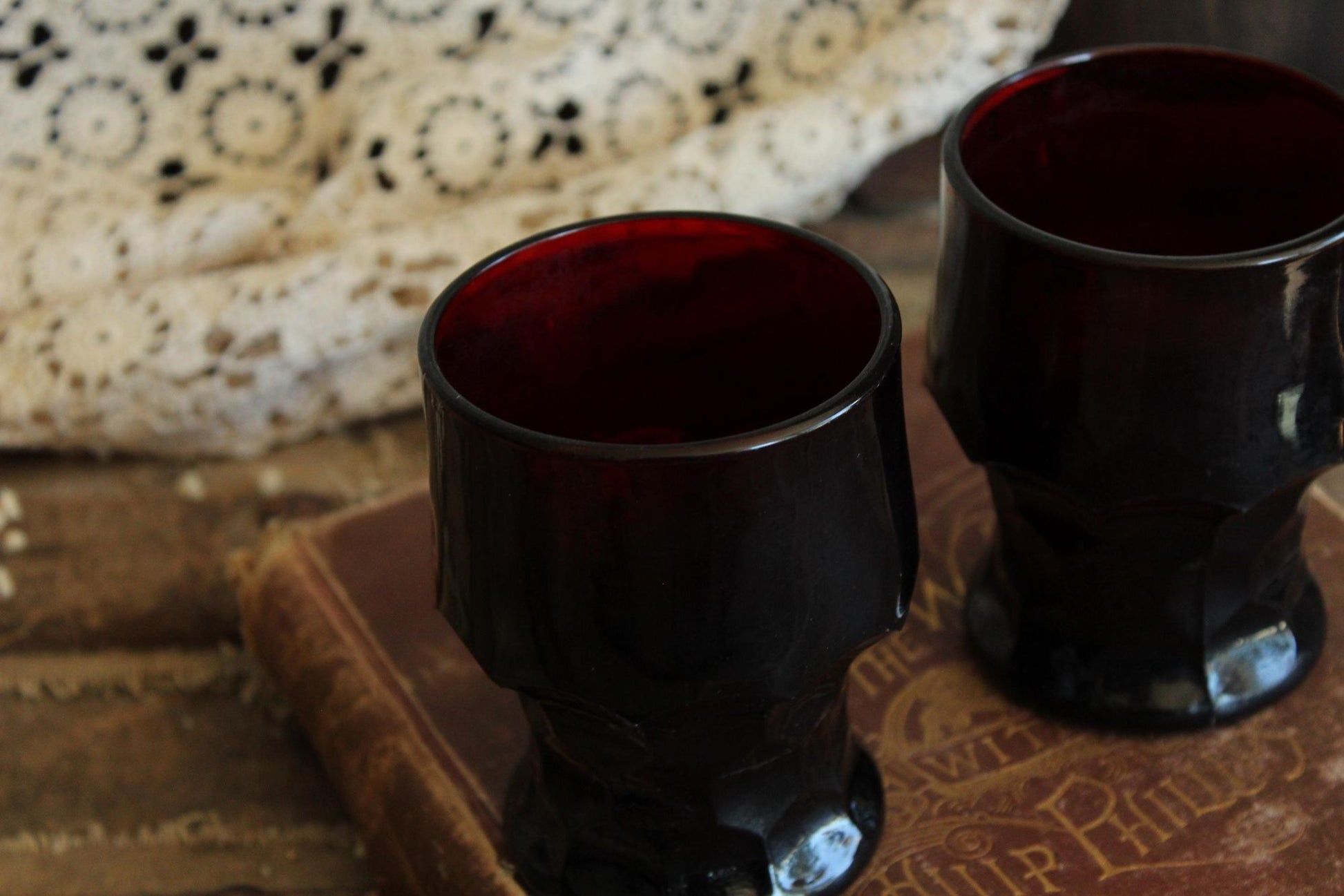 Vintage 1960s Pair of 9oz. Anchor Hocking Georgian Royal Ruby Red Tumblers Set of Two