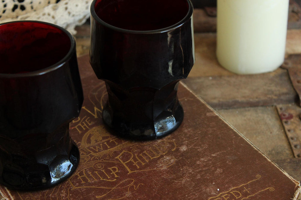 Vintage 1960s Pair of 9oz. Anchor Hocking Georgian Royal Ruby Red Tumblers Set of Two