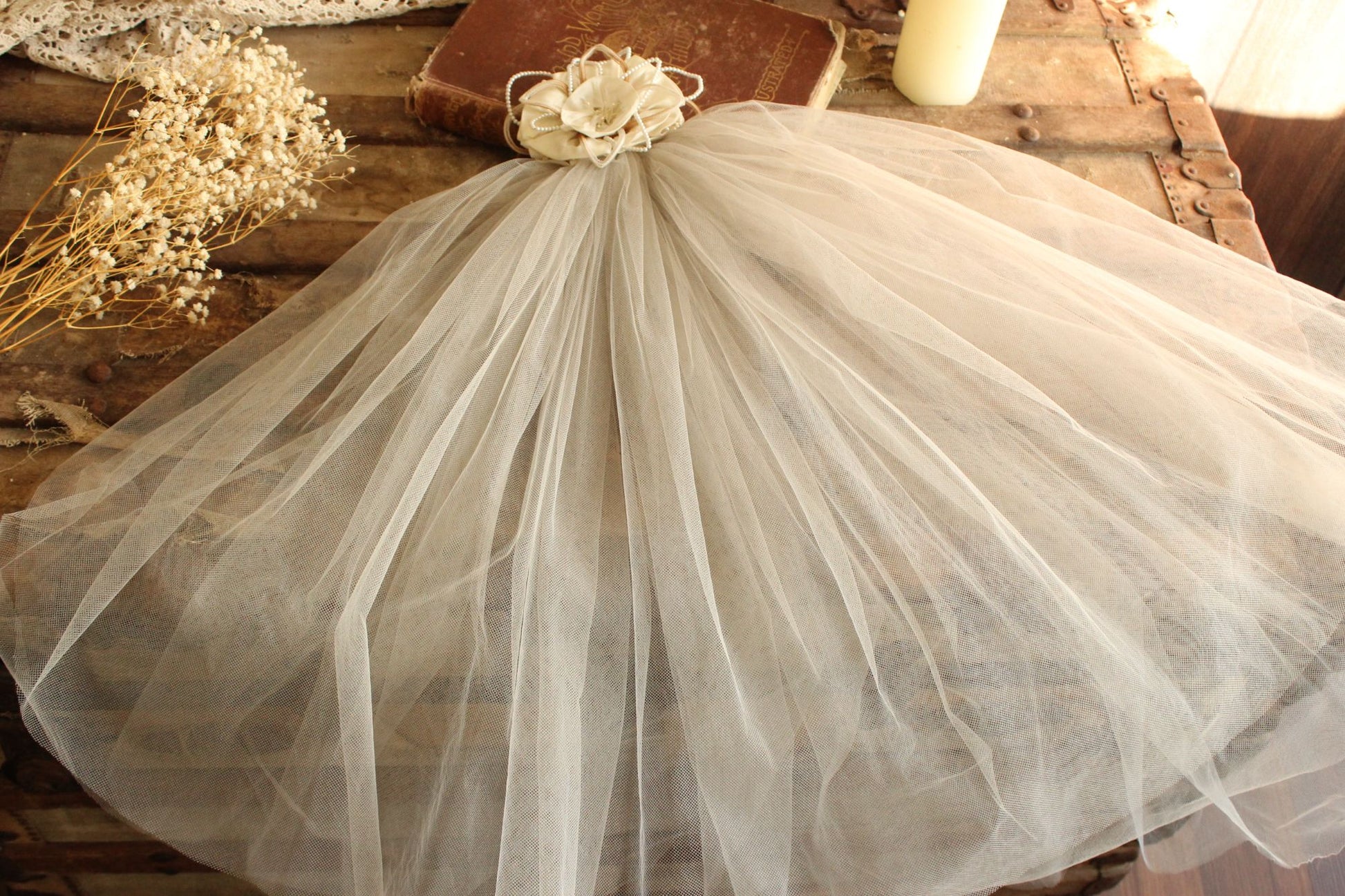 Vintage 1940s 1950s Bridal Veil With Tulle And Pearl Trim