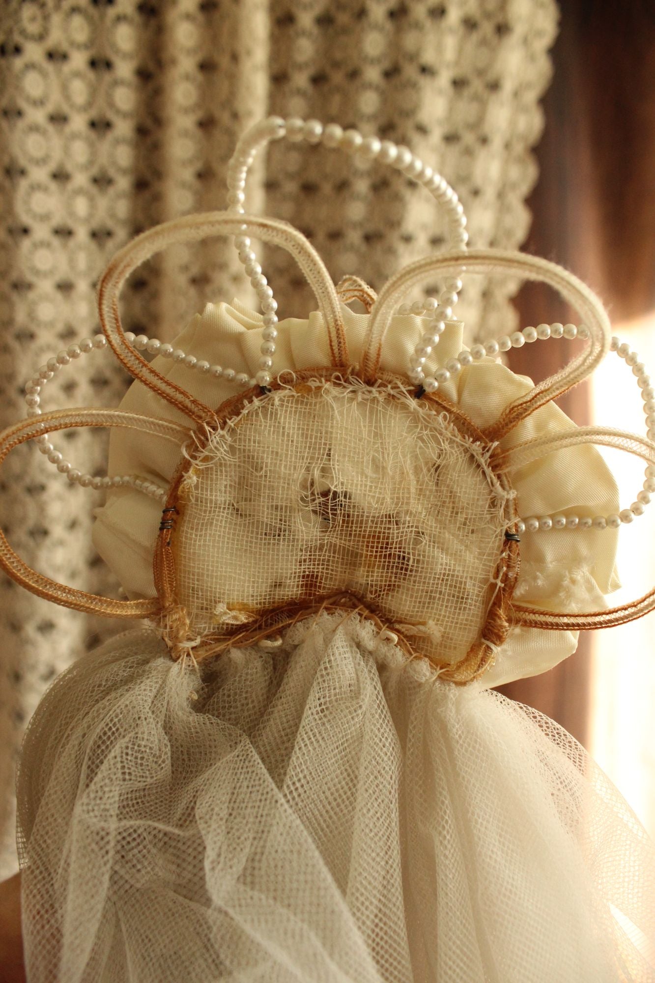 Vintage 1940s 1950s Bridal Veil With Tulle And Pearl Trim