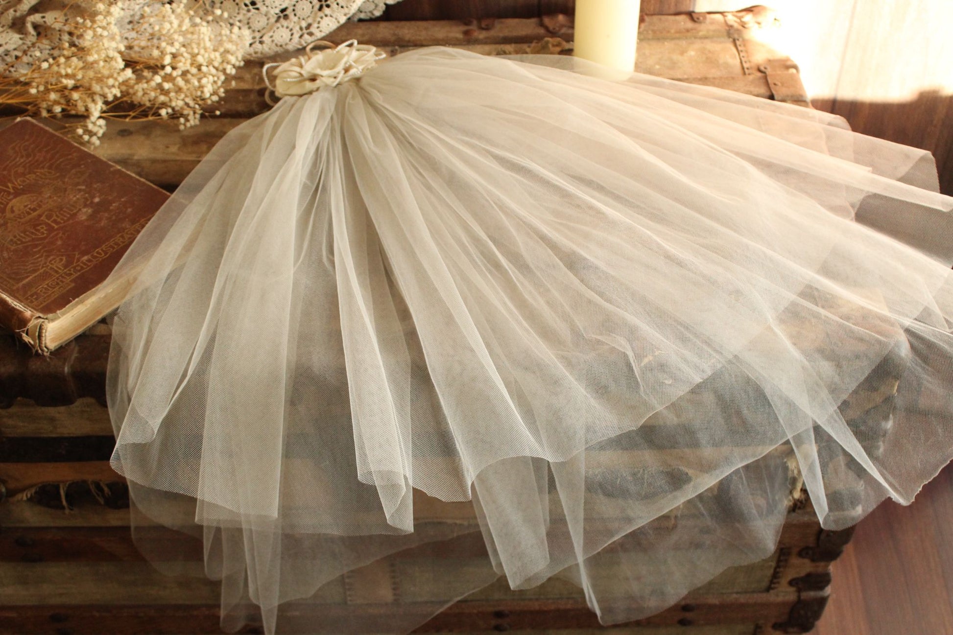 Vintage 1940s 1950s Bridal Veil With Tulle And Pearl Trim