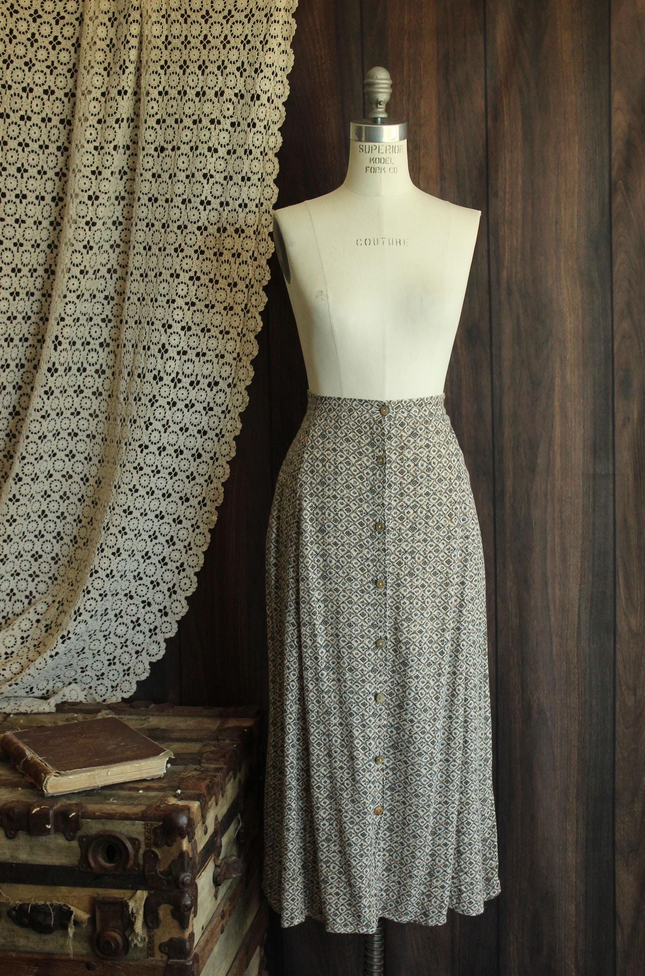 Vintage 1990s Capacity Brown and Cream Floral Tea Length Skirt