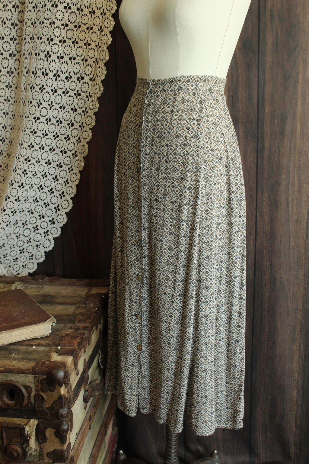Vintage 1990s Capacity Brown and Cream Floral Tea Length Skirt