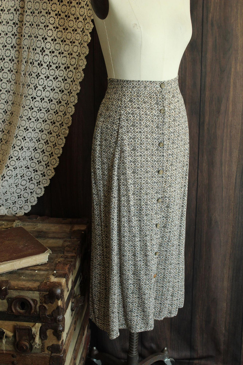 Vintage 1990s Capacity Brown and Cream Floral Tea Length Skirt