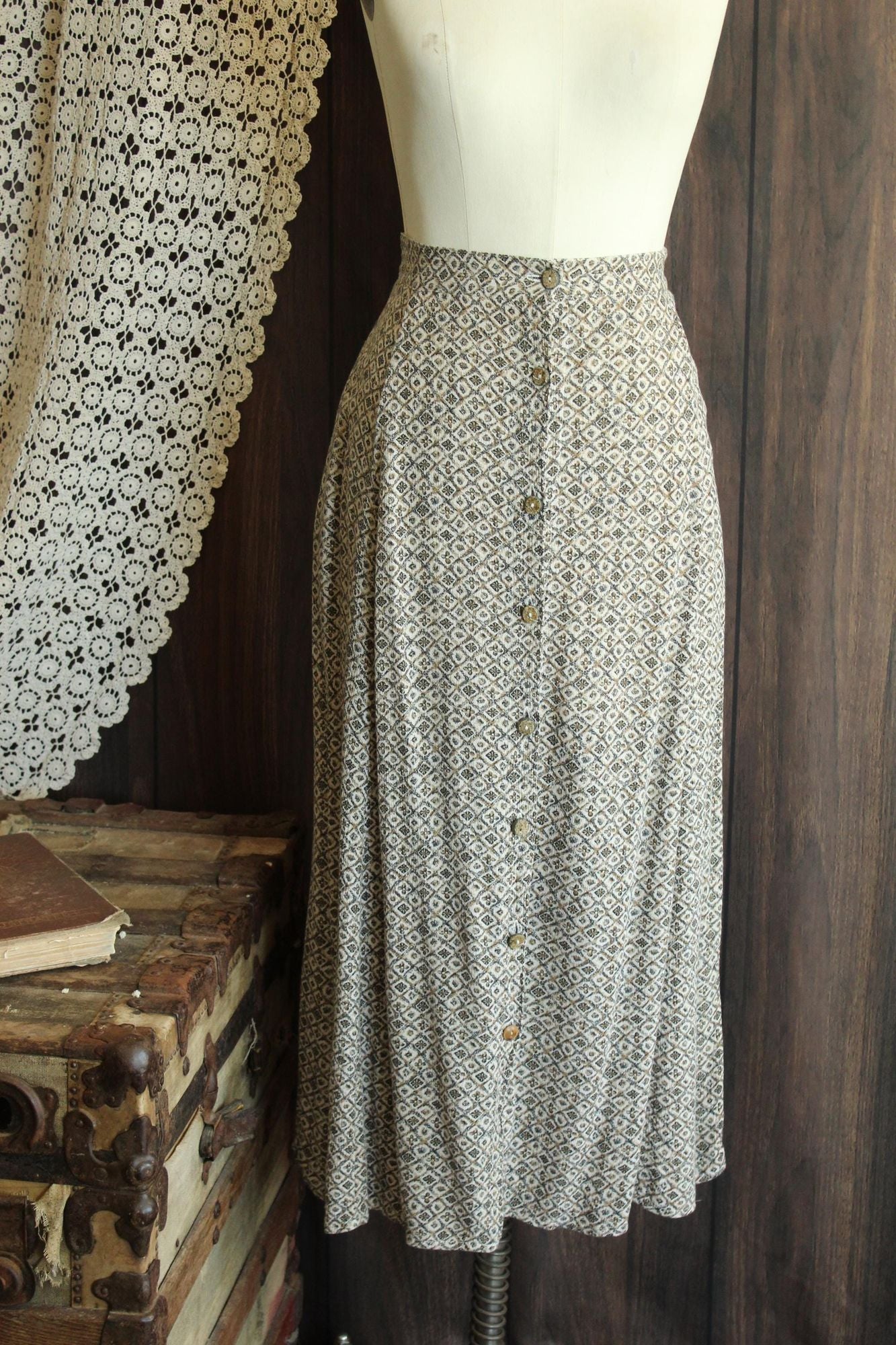 Vintage 1990s Capacity Brown and Cream Floral Tea Length Skirt