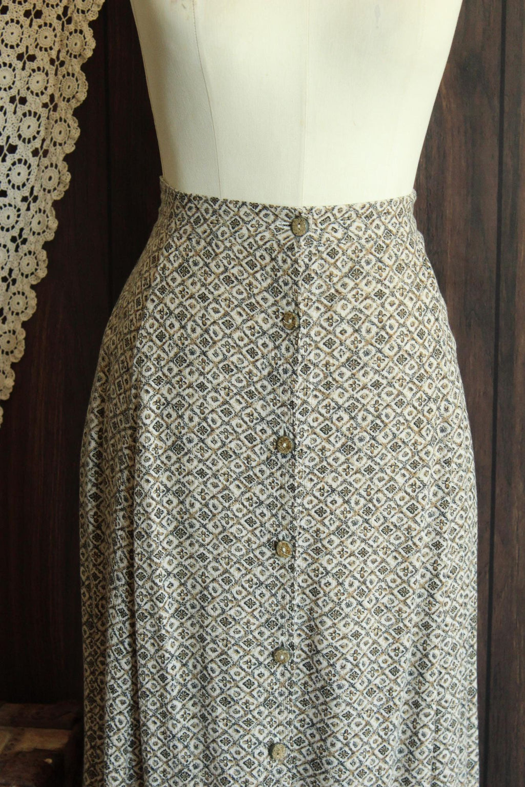 Vintage 1990s Capacity Brown and Cream Floral Tea Length Skirt