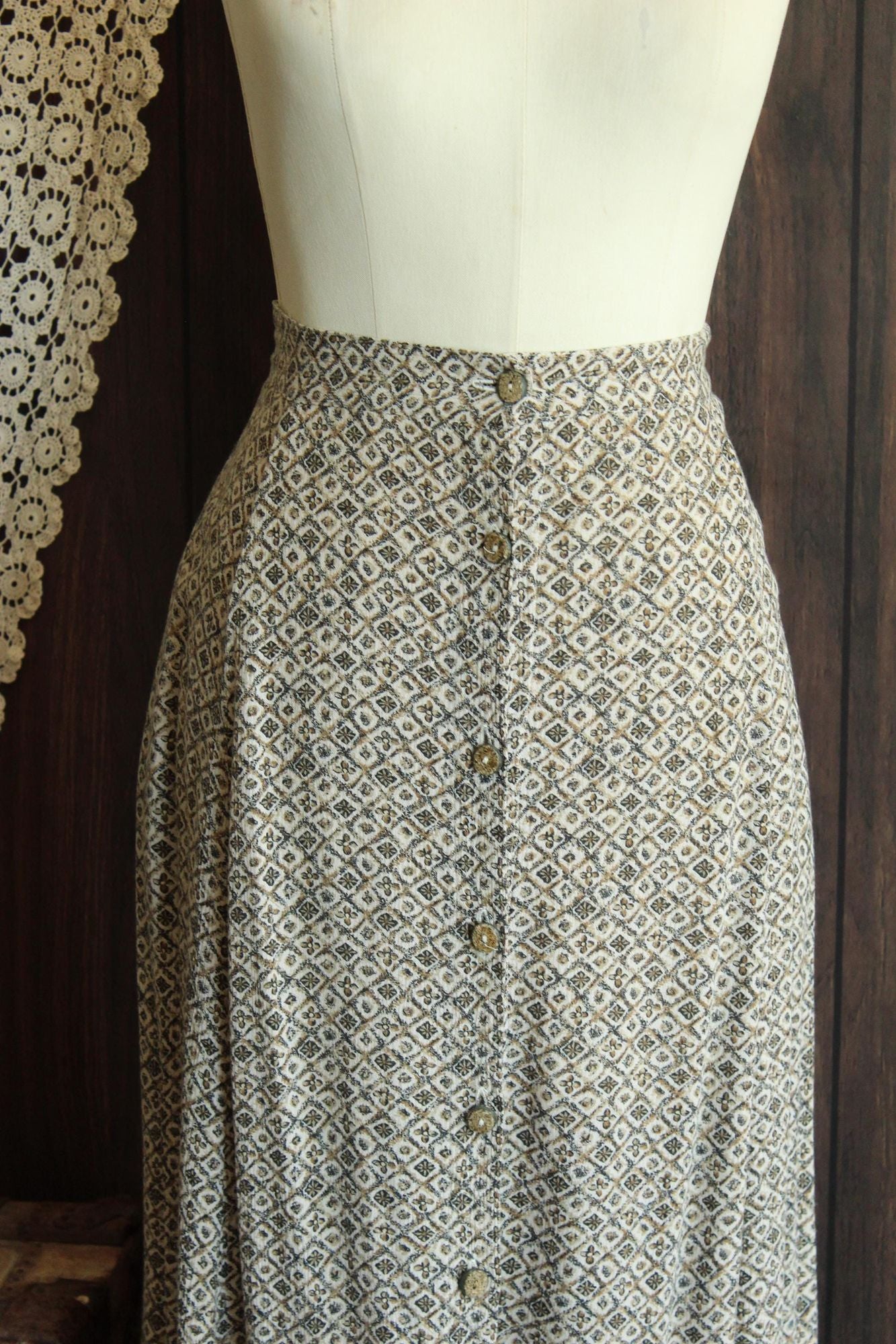 Vintage 1990s Capacity Brown and Cream Floral Tea Length Skirt