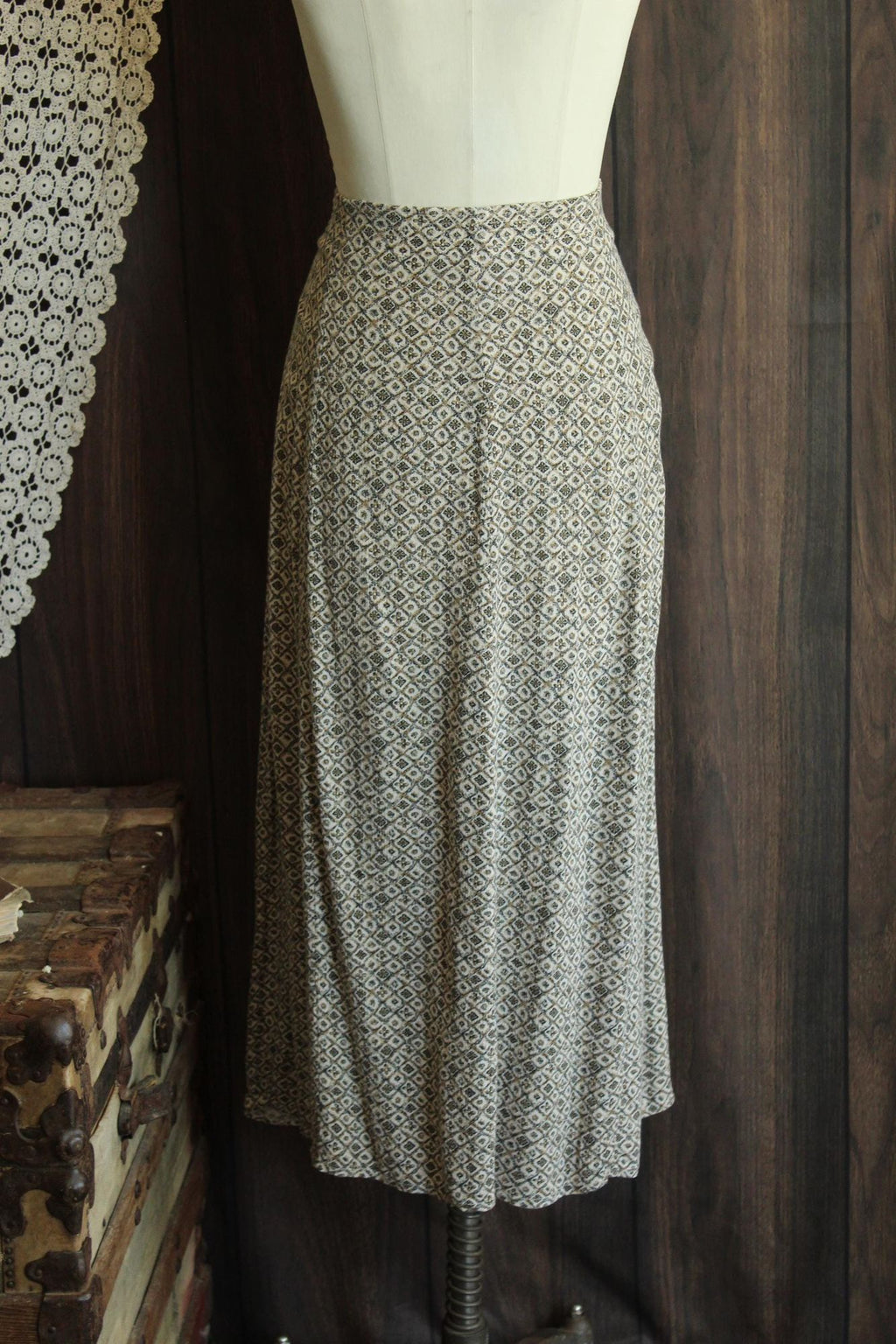 Vintage 1990s Capacity Brown and Cream Floral Tea Length Skirt