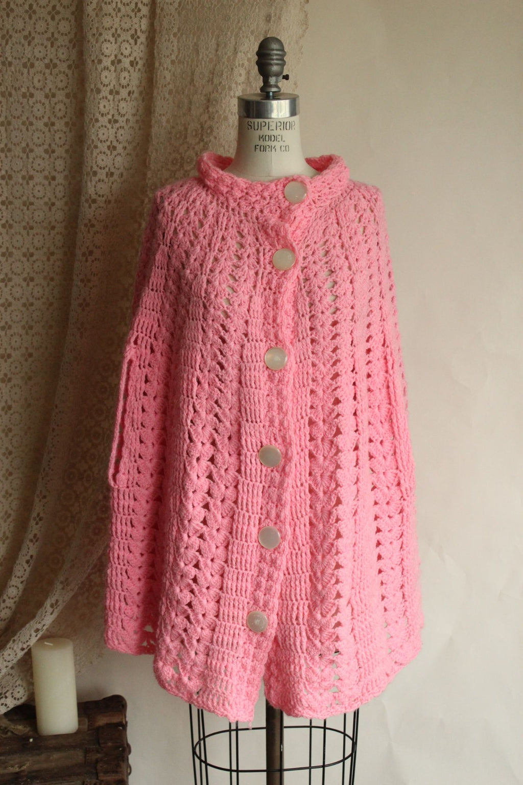 Vintage 1960s 1970s Pink Crochet Poncho Shawl