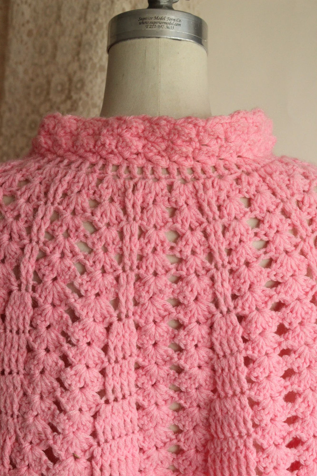 Vintage 1960s 1970s Pink Crochet Poncho Shawl