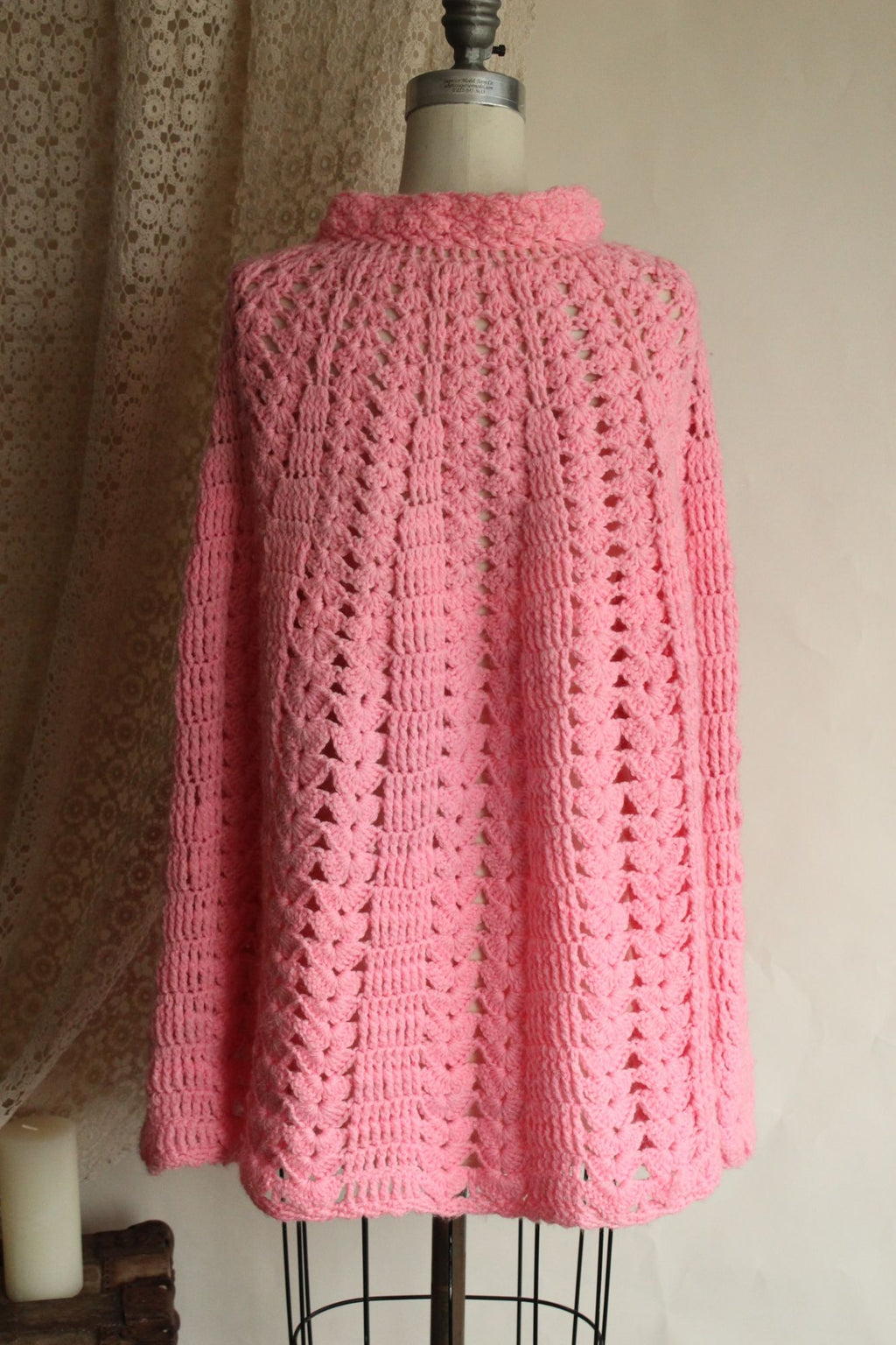 Vintage 1960s 1970s Pink Crochet Poncho Shawl