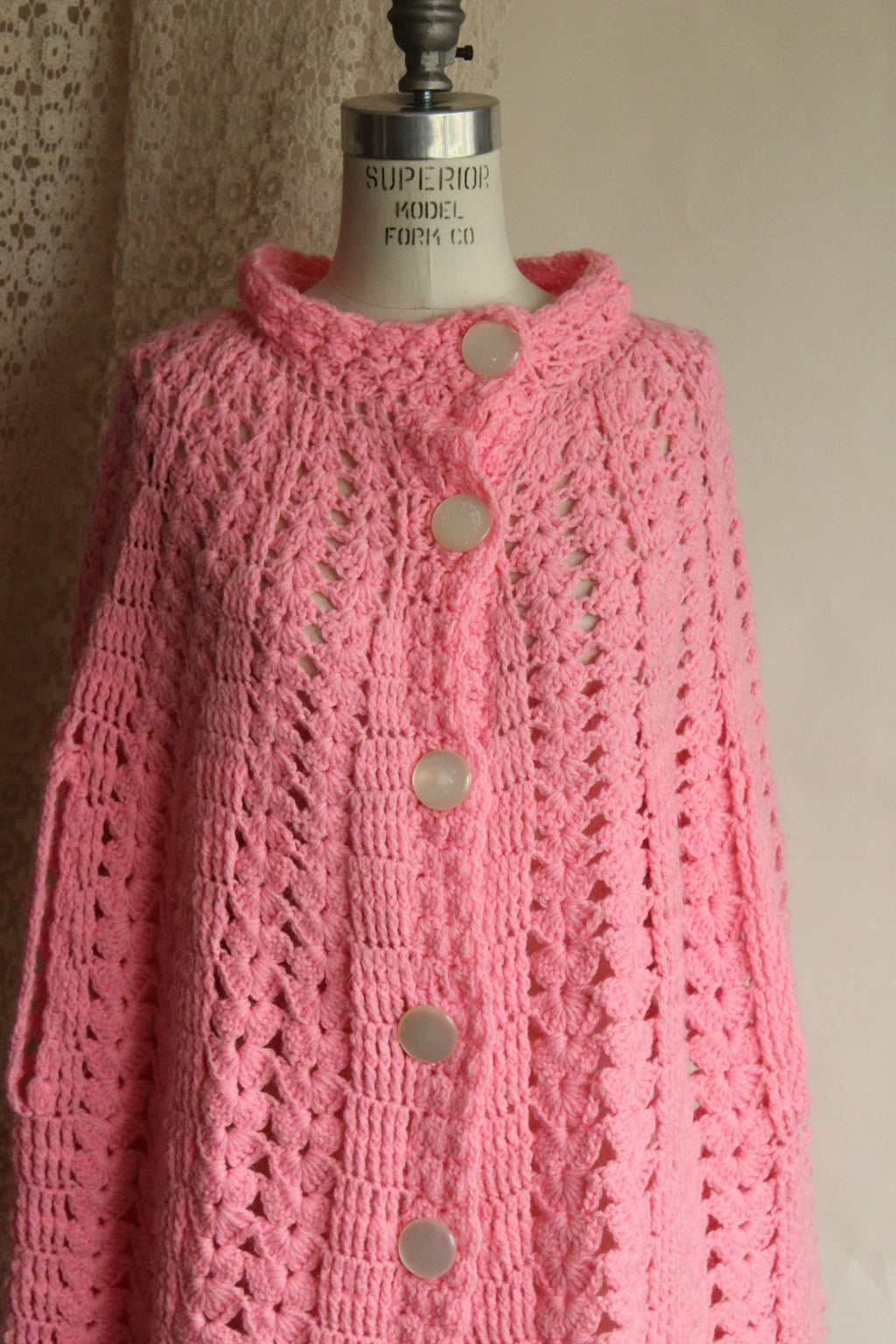 Vintage 1960s 1970s Pink Crochet Poncho Shawl